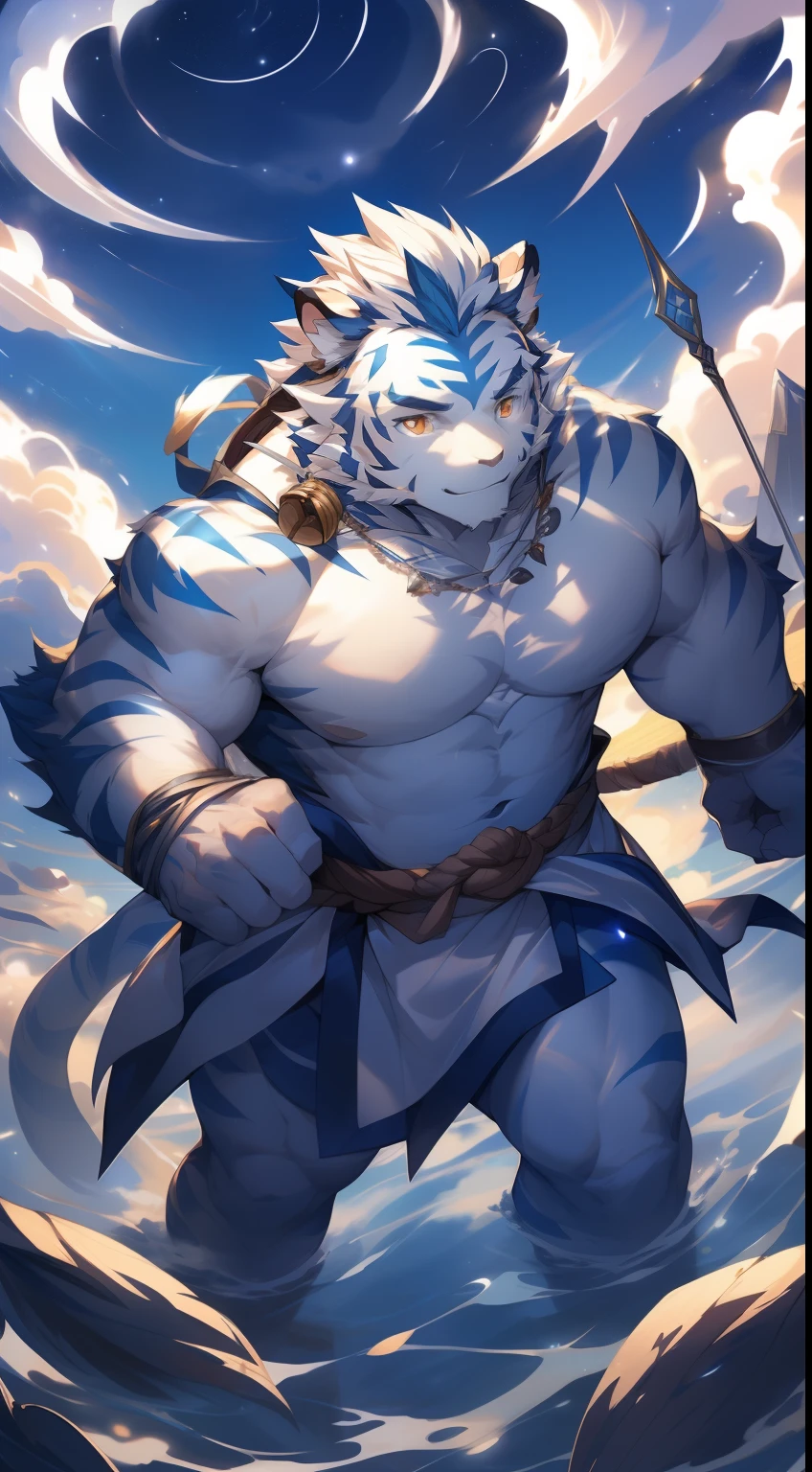 (by null-ghost, by thebigslick, By Darkgem, by Honovy), Kogenta (Onmyoji Oyamaji Temple), high-definition photograph, Perfect anatomy, Anthropomorphic white tiger, male people, 20yr old, Deities, Thick eyebrows, Light blue stripes, Strong body, large pecs, Pink milk clusters, medium bulge, He floats in the starry sky, wearing long white togas, A flowing blue ribbon, Starlight surrounded him, one arm raised, Summon the clouds，(sky at night:1.5), Mysterious Expression, Be red in the face, Golden pupils, Look up at the sky, Clear facial features, Strong, Solo, top views, fog atmosphere, Clouds，upper sky