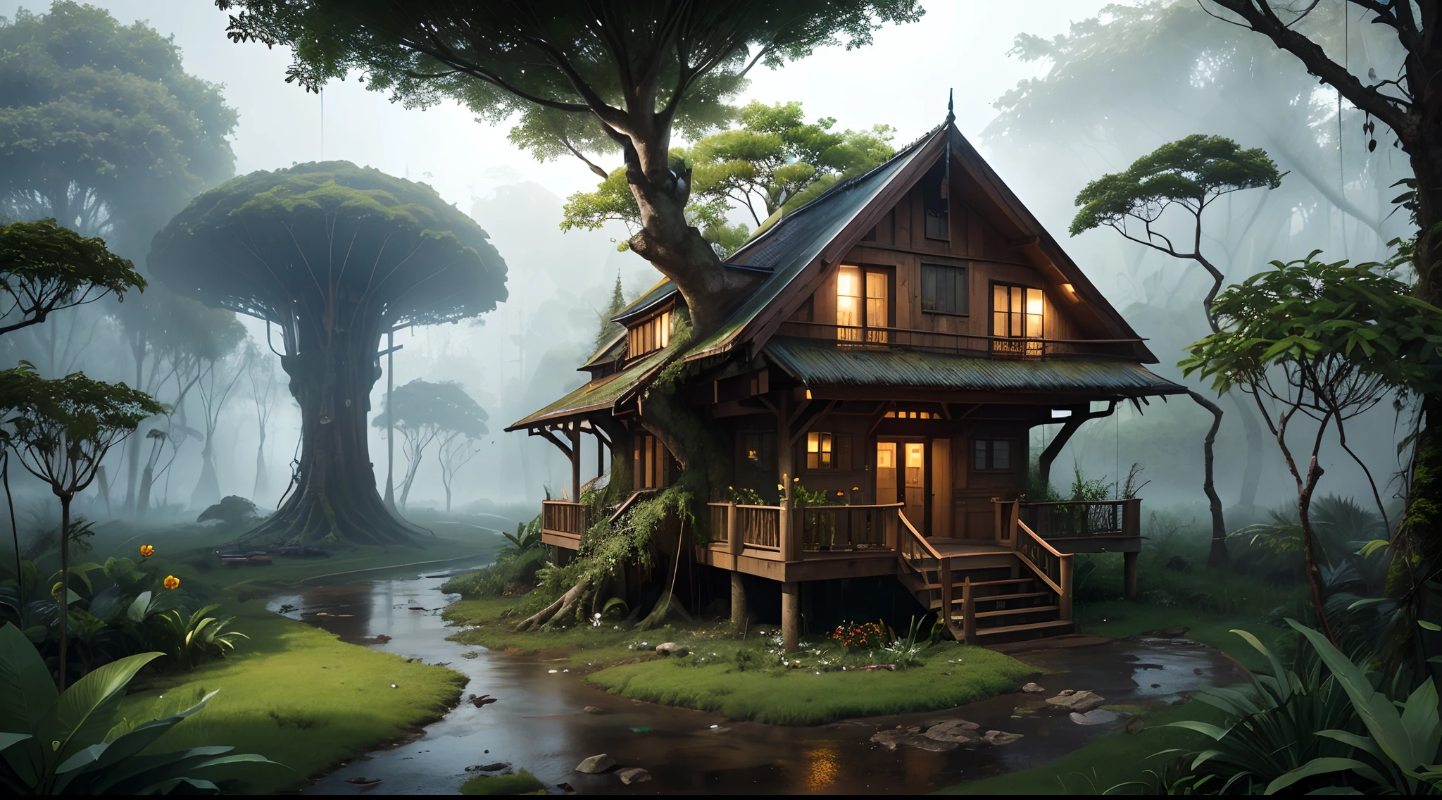 (best quality,ultra-detailed),(fantasy,imaginary) elven city,jungle,wide shot,far shot, aerial view,(magical,enchanted) world tree,tree houses,(natural magic,mystical powers),vibrant colors,(ethereal,otherworldly) lighting,A treehouse in the woods in the rain 8K ,gemometric , vector , isolated on black background --ar 16:9 --s 50 --v 5.2 --style raw --s 750 --v 5.2 --style raw ,Rainy,Mist,En plein air,Fantastic rainforest landscape,(Beautiful tree house on a forest path,Solo,House consisting of Fawcett,Cyberpunk Flower Wick House,Deconstructing architecture,Biophilic design,untiy,lush rainforest, Walk through the giant tree in the middle of the room:1.45),Eclectic architecture,Art Nouveau architecture,High-tech building with many giant trees, beautiful ancient trees,hiding large treasure chest, --auto