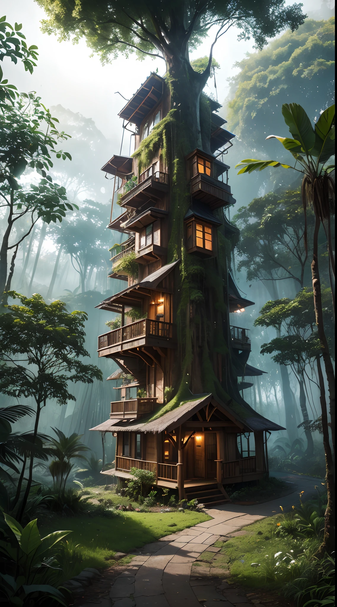 (best quality,ultra-detailed),(fantasy,imaginary) elven city,jungle,wide shot,far shot, aerial view,(magical,enchanted) world tree,tree houses,(natural magic,mystical powers),vibrant colors,(ethereal,otherworldly) lighting，A treehouse in the woods in the rain 8K ,gemometric , vector , isolated on black background --ar 16:9 --s 50 --v 5.2 --style raw --s 750 --v 5.2 --style raw ，Rainy,Mist,En plein air，Fantastic rainforest landscape,(Beautiful tree house on a forest path,Solo，House consisting of Fawcett,Cyberpunk Flower Wick House,Deconstructing architecture,Biophilic design，untiy，lush rainforest, Walk through the giant tree in the middle of the room:1.45)，Eclectic architecture,Art Nouveau architecture,High-tech building with many giant trees, beautiful ancient trees,hiding large treasure chest, --auto