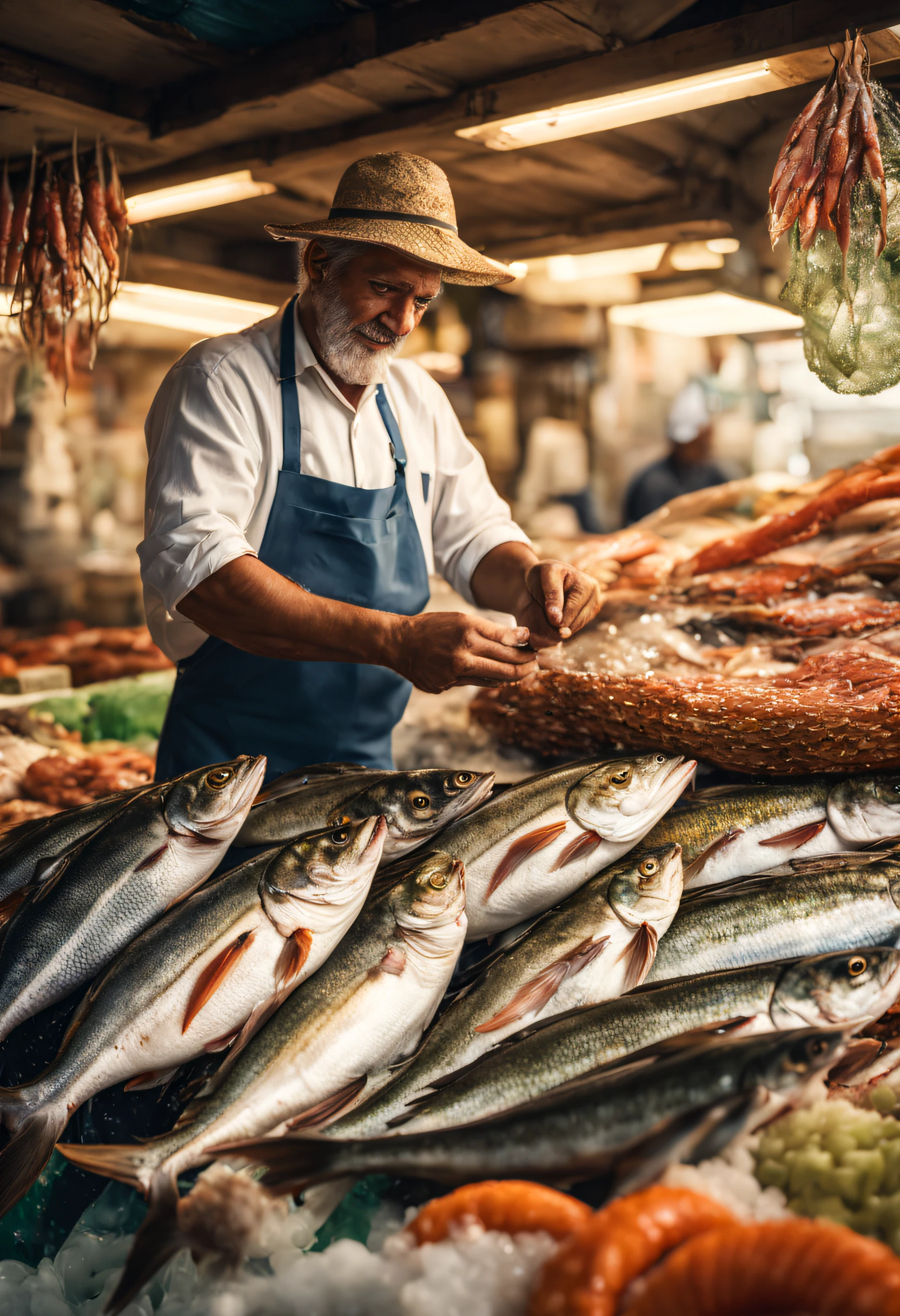 (best quality,4k,8k,highres,masterpiece:1.2),realistic,fishmonger standing in front of his shop,well-detailed fish,sea creatures strategically displayed,sparkling fish scales,glistening seawater droplets,detailed fish anatomy,hands covered in scales and slime,traditional fish market,catch of the day,crisp white fisherman's apron,well-lit market stall,colorful display of fresh seafood,enticing aromas of the sea,traditional fisherman's hat,highlighted by natural sunlight,brisk business with excited customers,authentic fishmonger experience