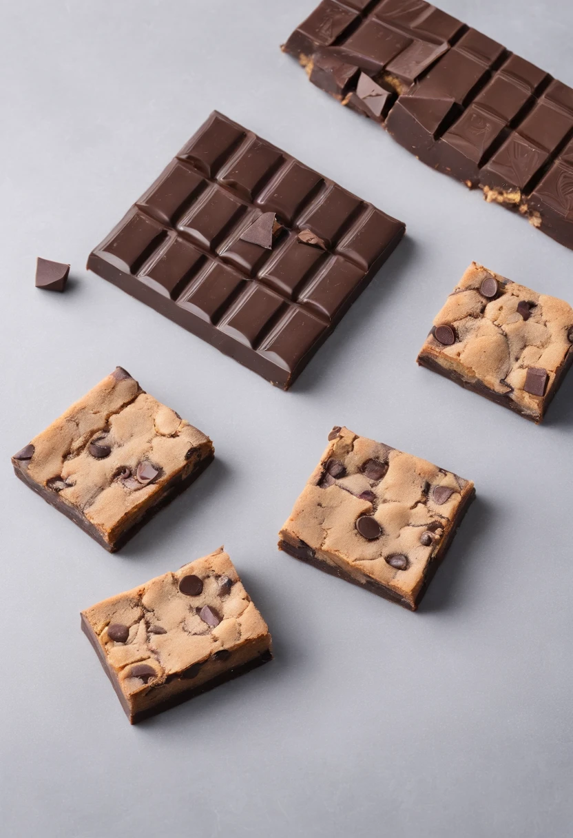 Chocolate chip and chocolate bars placed on the kitchen counter, studio lighting, kitchen background, detail image, professional shoot,