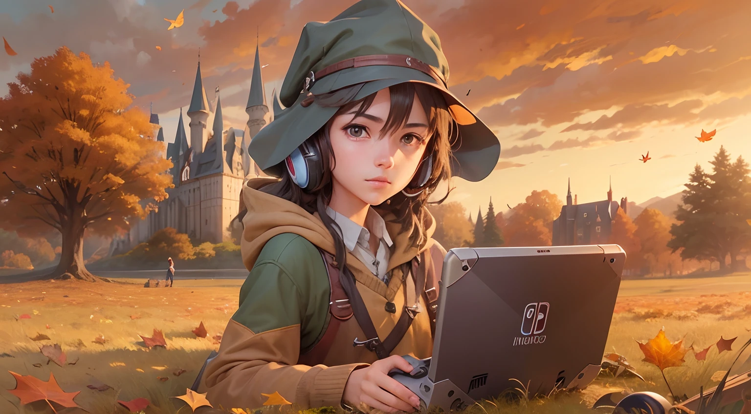 Wizard teenager () Character with headphones on and a portable video console (Nintendo Game Boy) in his hands, over a wood, wooden table, plank, playing, and a walking on a large grass field(Fall, Autumn), side view, on Hogwarts garden, with the sky and the castle from a far, wizards flying on broomstick from a far. Art style of Makoto Shinkai, ultra realistic face, detailed face, detailed eyes