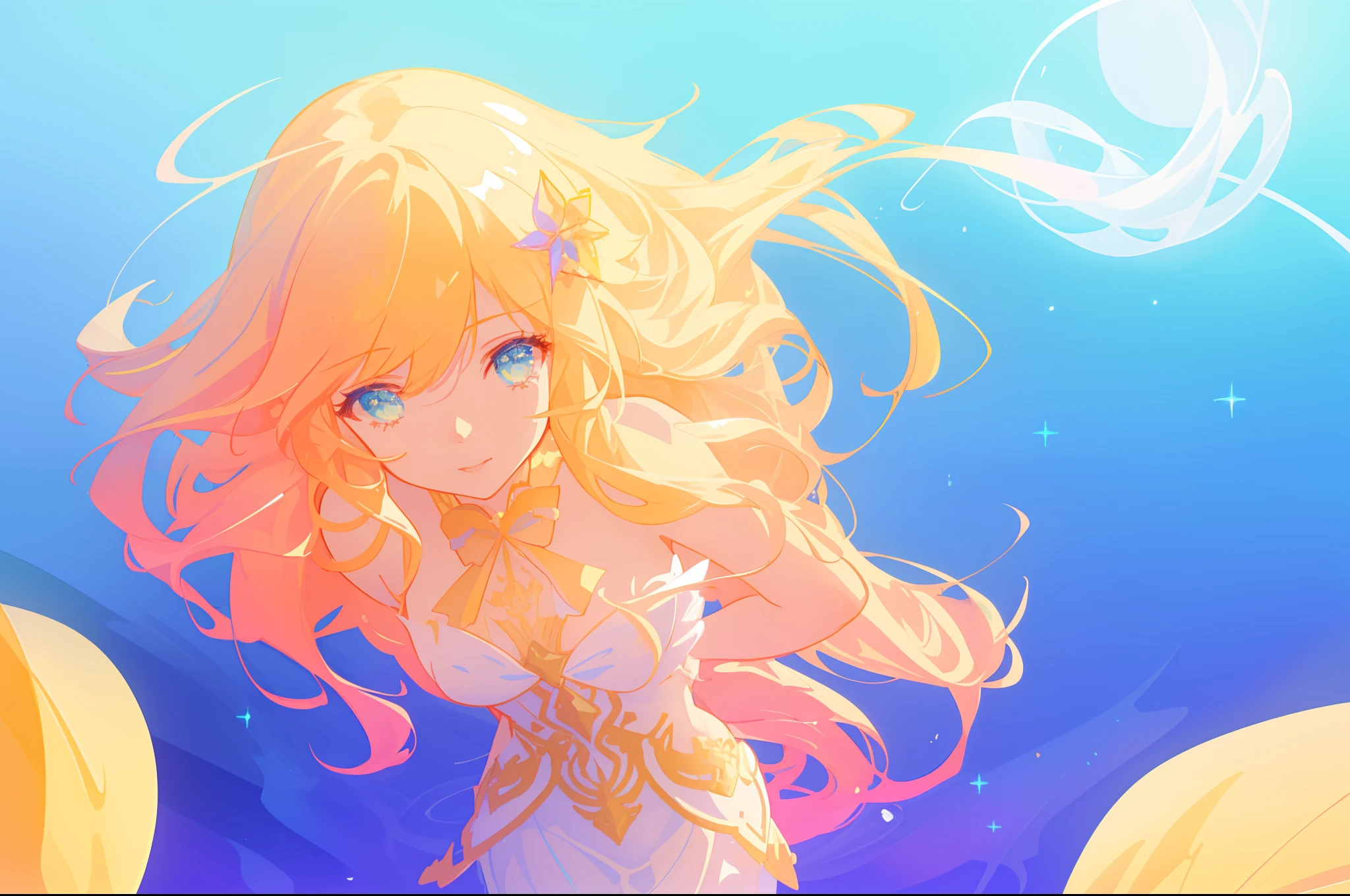 beautiful girl, flowing white dress, vibrant pastel colors, (colorful), magical lights, long flowing golden hair, inspired by Glen Keane, inspired by Lois van Baarle, disney art style, by Lois van Baarle, glowing aura around her, by Glen Keane, jen bartel, glowing lights! digital painting, flowing glowing hair, glowing flowing hair, beautiful digital illustration, fantasia background, whimsical, magical, fantasy, beautiful face, ((masterpiece, best quality)), intricate details, highly detailed, sharp focus, 8k resolution, sparkling detailed eyes, liquid watercolor