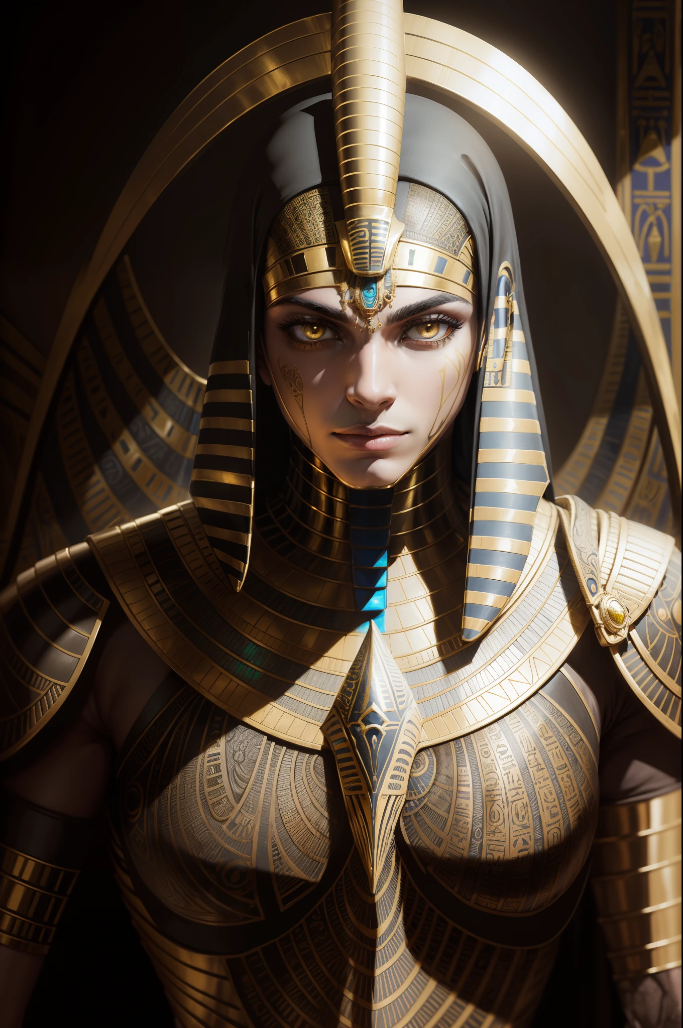 Biomachine:1.3, (Egyptian Predador1.2), (colorido:1.2), dourado, ouro, Hans Giger, (zentangle:1.2), granulado, extremamente detalhado, detalhes intrincados, dynamic lighting, fotorrealista, luz natural, baixo h, obra prima, detalhado 8k