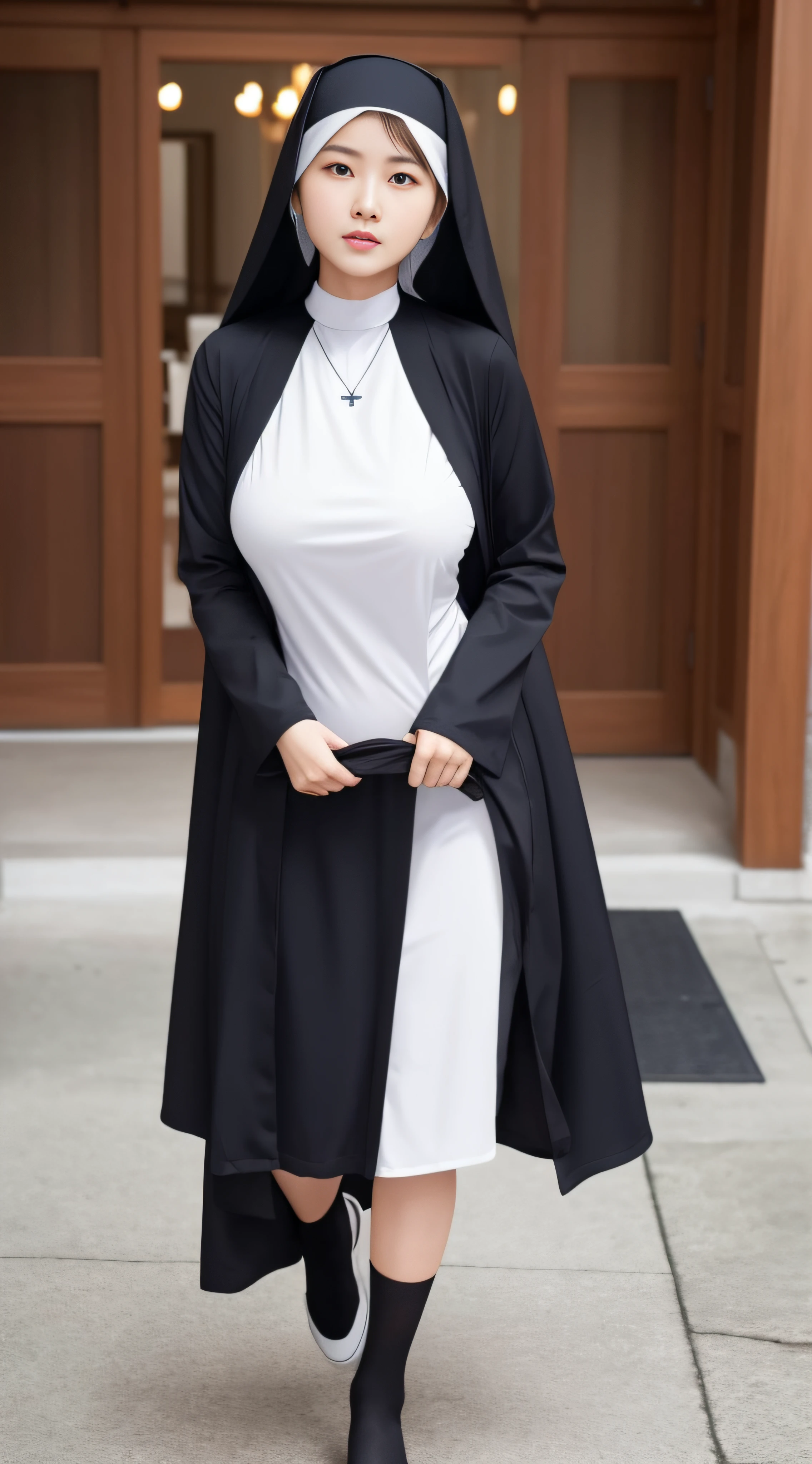 (wetclothes:1.8),Reflective skin,Sweaty skin,Works of masters,Best image quality,Higher quality,high detal,超高分辨率,8K分辨率,perfect hand,full body shot shot,Exquisite facial features,s the perfect face,Glowing skin,a matural female,(真实感:1.4),(((lewd nun))),((Clothing that exposes))