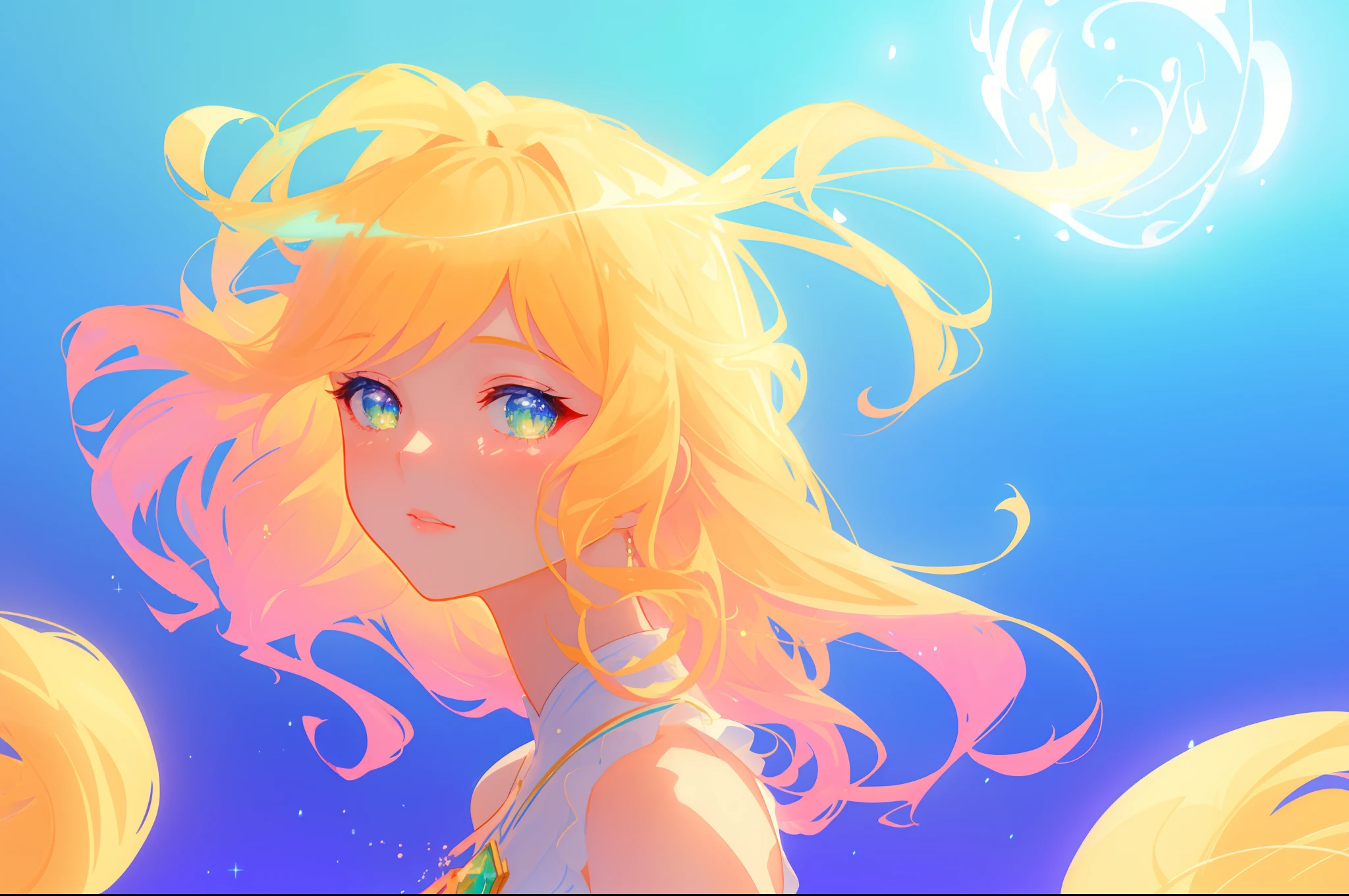 beautiful girl, flowing white dress, vibrant pastel colors, (colorful), magical lights, long flowing golden hair, inspired by Glen Keane, inspired by Lois van Baarle, disney art style, by Lois van Baarle, glowing aura around her, by Glen Keane, jen bartel, glowing lights! digital painting, flowing glowing hair, glowing flowing hair, beautiful digital illustration, fantasia background, whimsical, magical, fantasy, beautiful face, ((masterpiece, best quality)), intricate details, highly detailed, sharp focus, 8k resolution, sparkling detailed eyes, liquid watercolor