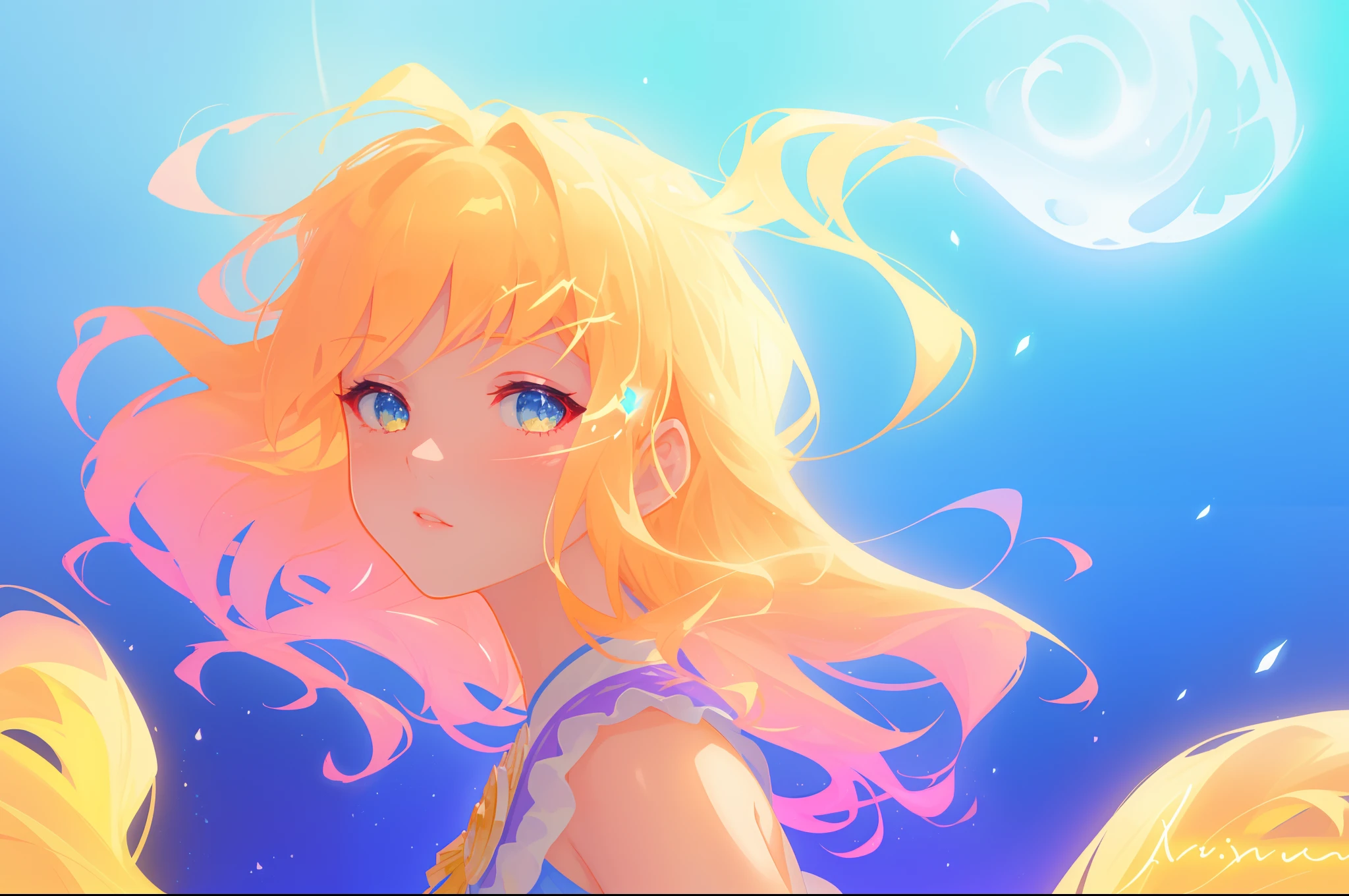 beautiful girl, flowing white dress, vibrant pastel colors, (colorful), magical lights, long flowing golden hair, inspired by Glen Keane, inspired by Lois van Baarle, disney art style, by Lois van Baarle, glowing aura around her, by Glen Keane, jen bartel, glowing lights! digital painting, flowing glowing hair, glowing flowing hair, beautiful digital illustration, fantasia background, whimsical, magical, fantasy, beautiful face, ((masterpiece, best quality)), intricate details, highly detailed, sharp focus, 8k resolution, sparkling detailed eyes, liquid watercolor