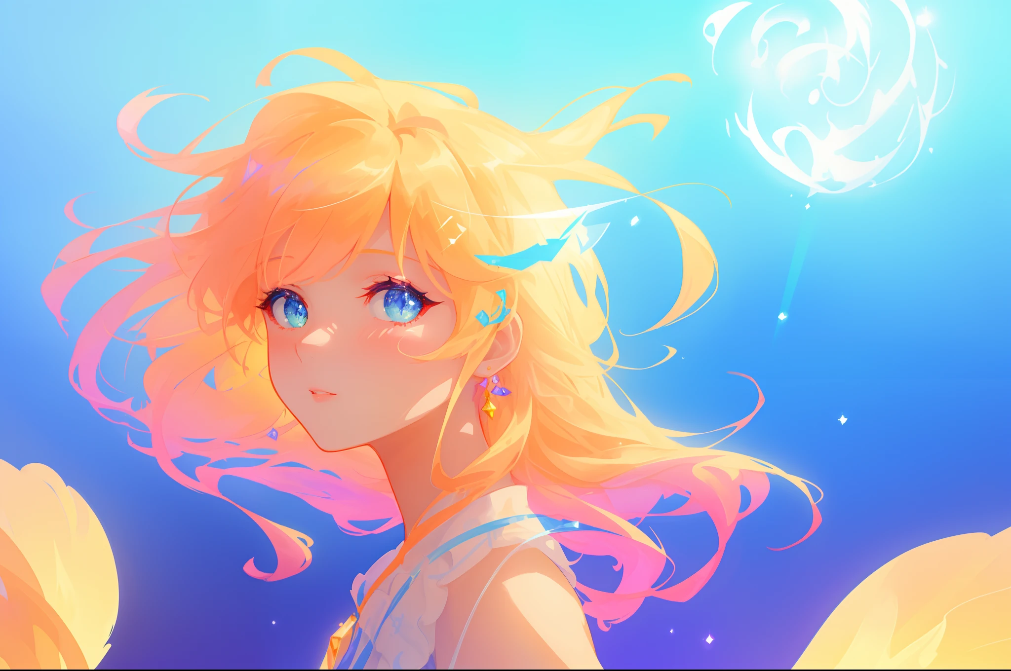 beautiful girl, flowing white dress, vibrant pastel colors, (colorful), magical lights, long flowing golden hair, inspired by Glen Keane, inspired by Lois van Baarle, disney art style, by Lois van Baarle, glowing aura around her, by Glen Keane, jen bartel, glowing lights! digital painting, flowing glowing hair, glowing flowing hair, beautiful digital illustration, fantasia background, whimsical, magical, fantasy, beautiful face, ((masterpiece, best quality)), intricate details, highly detailed, sharp focus, 8k resolution, sparkling detailed eyes, liquid watercolor