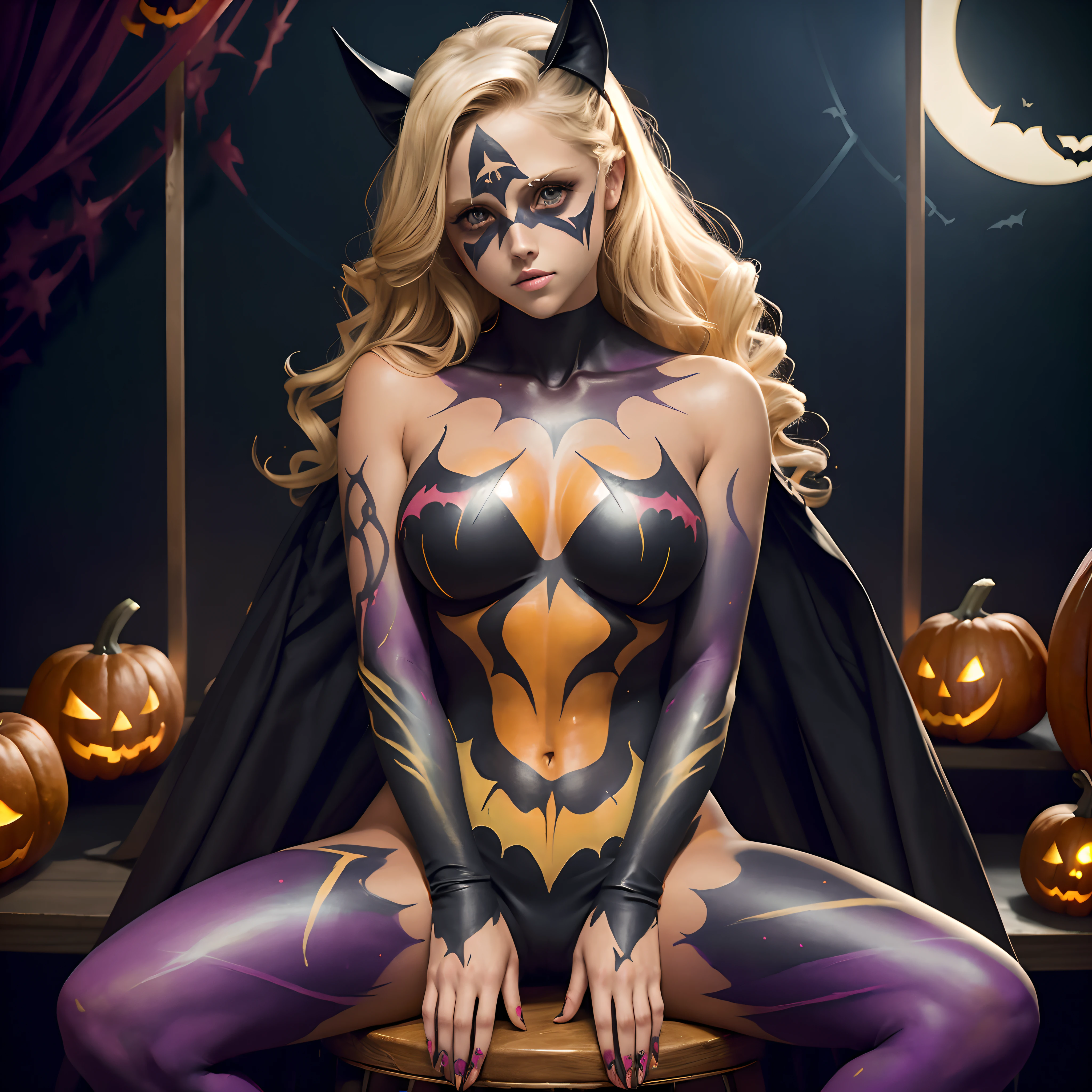 (((Teresa Palmer))) at a Halloween party sitting on a barstool, sexy batwoman, (((body paint all over body costume))), shy, embarassed, (((hands between legs)))