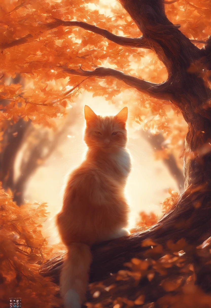 Q version of the cat，Cute and cute，The tree，themoon，The light is depicted in detail，orange tint，oc rendered，high qulity，tmasterpiece，Hyper-realistic，Ultra photo realsisim，8K，super-fine，ultra - detailed，Ultra-wide angle of view，dynamic viewing angle