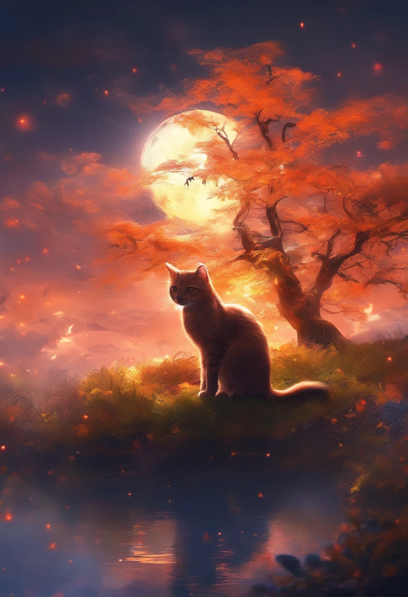 Q version of the cat,Cute and cute,The tree,themoon,The light is depicted in detail,orange tint,oc rendered,high qulity,tmasterpiece,Hyper-realistic,Ultra photo realsisim,8K,super-fine,ultra - detailed,Ultra-wide angle of view,dynamic viewing angle