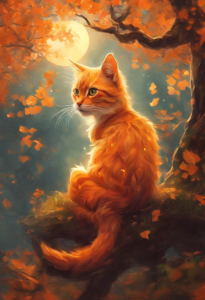 Q version of the cat,Cute and cute,The tree,themoon,The light is depicted in detail,orange tint,oc rendered,high qulity,tmasterpiece,Hyper-realistic,Ultra photo realsisim,8K,super-fine,ultra - detailed,Ultra-wide angle of view,dynamic viewing angle
