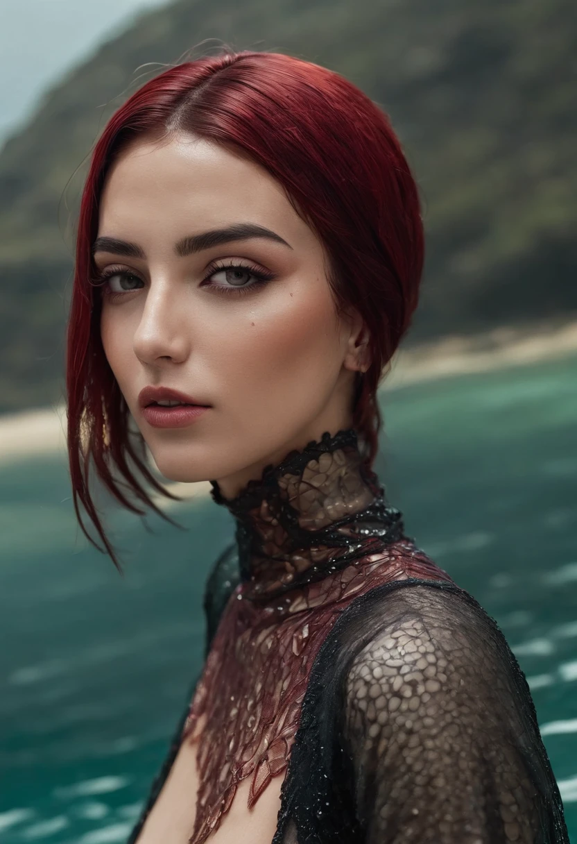 Photograph of a woman in a revealing Arabic outfit in the water, Short, deep red hair Wet jeans, Arabian complexion, Wet revealing arabic clothes, embebido, slicked back hair, gorgeous symmetrical face, ultra realistic, editorial de moda, elegante, altamente detalhado, intrincado, foco nítido, 85 millimeters, tiro no meio, (Centered image composition), trending in instagram