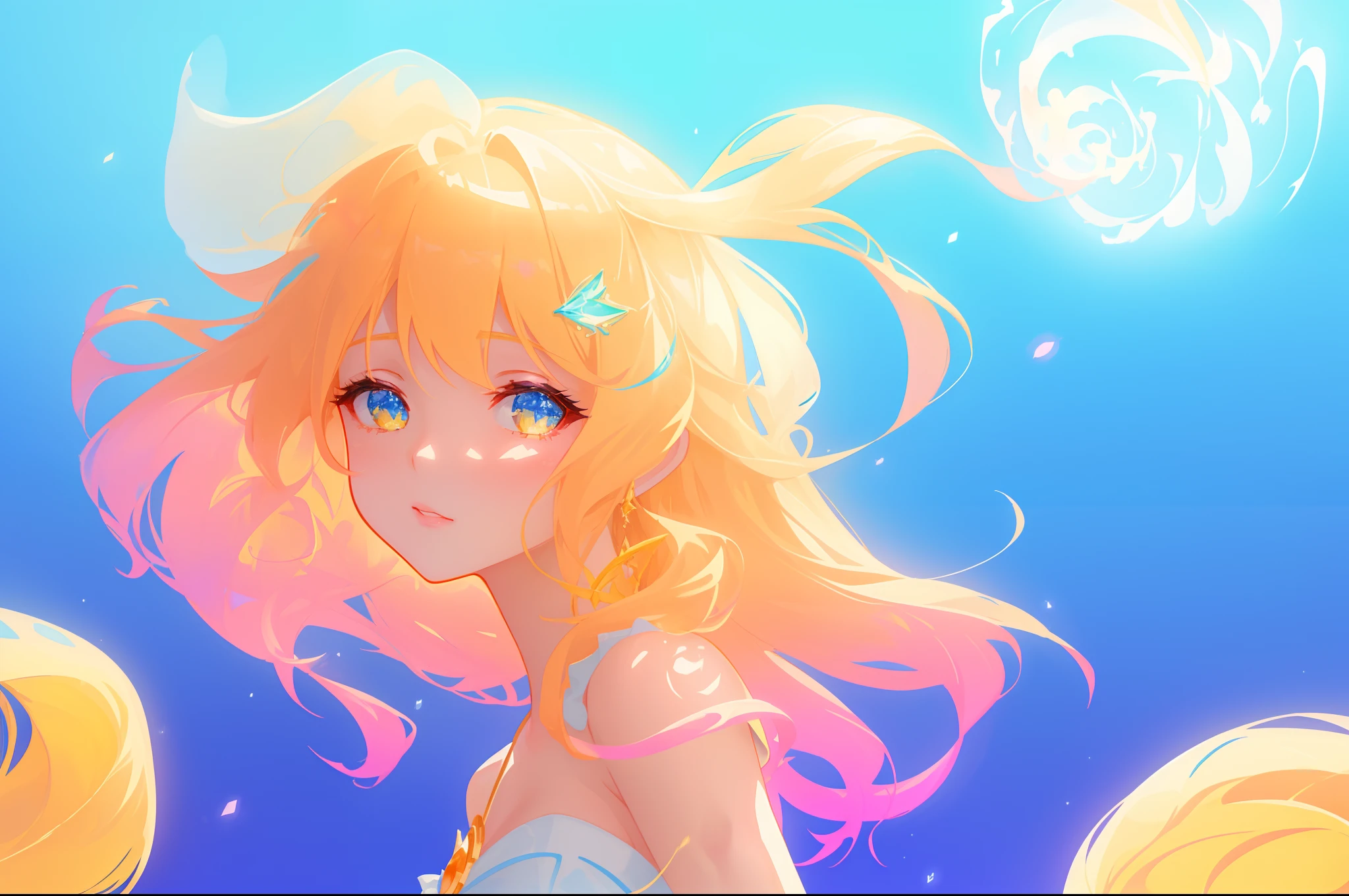 beautiful girl, flowing white dress, vibrant pastel colors, (colorful), magical lights, long flowing golden hair, inspired by Glen Keane, inspired by Lois van Baarle, disney art style, by Lois van Baarle, glowing aura around her, by Glen Keane, jen bartel, glowing lights! digital painting, flowing glowing hair, glowing flowing hair, beautiful digital illustration, fantasia background, whimsical, magical, fantasy, beautiful face, ((masterpiece, best quality)), intricate details, highly detailed, sharp focus, 8k resolution, sparkling detailed eyes, liquid watercolor
