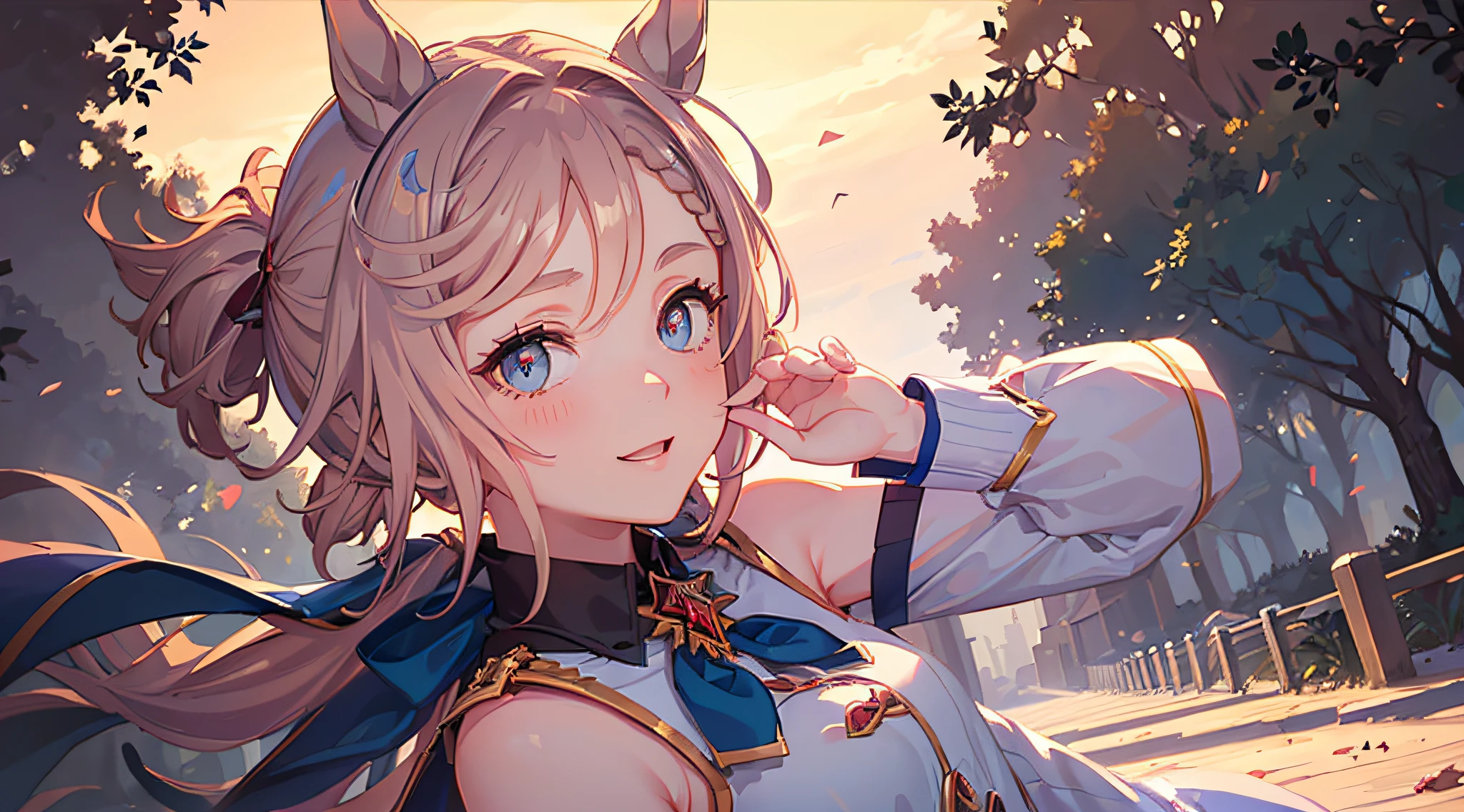 ((8K, Best Quality, masterpiece, Highly detailed)), Semi-realistic illustrations, 1girl in, , (Baby face), eyes:1.2), Venus Park \(Umamusume\), (pink horse tail), (Small breasts), Beautiful face, Pink short hair, blush, Looking at Viewer, ((cute smiling)), ((in the park, A clear day, In France)), (Dynamic Angle:1.3, Face Focus:1.5), extreme close - up, (soft warm lighting)