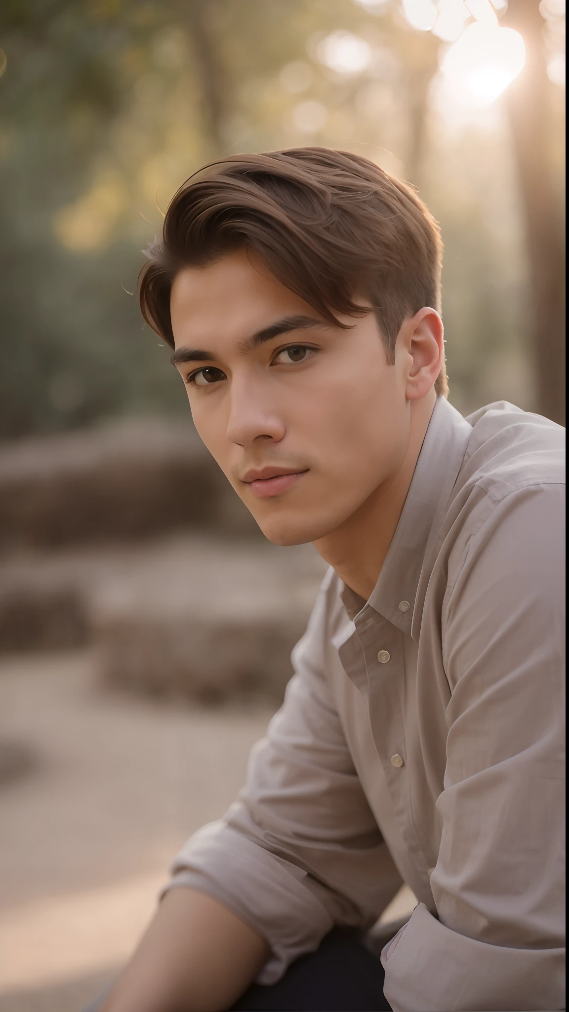 arafed man sitting on a bench in a park with trees, young man with beautiful face, handsome chad chin, handsome young man face, handsome face and beautiful face, handsome attractive face, soft portrait shot 8 k, portrait of beautiful young man, handsome face, handsome male, beautiful young man, good looking face, close - up portrait shot, perfect handsome face, light white skin, light brown hair, soft facial features, the hair on the sides is short