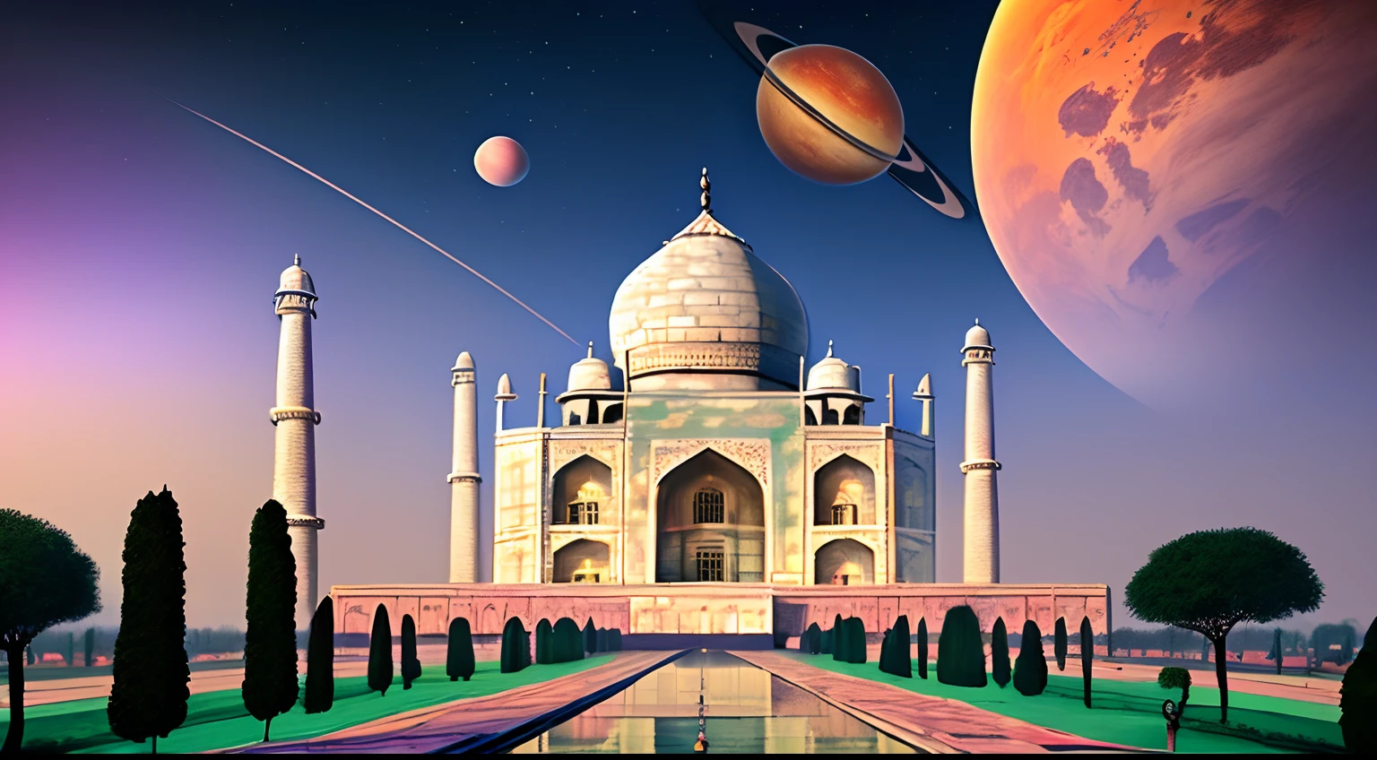 ((master piece)), Taj Mahal best quality, (8k, best quality, masterpiece:1.2), ultra-detailed, illustration, big fantasy city, Science fiction, ethereal city, Floating city, many planets in the skies, clouds around, celestial architecture, purple energy scarring around, astral skies