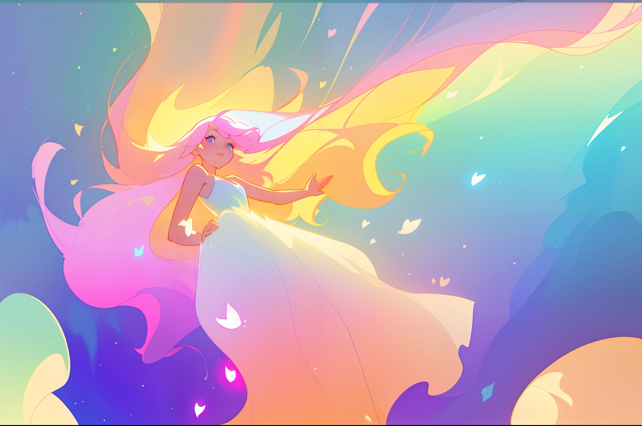 beautiful girl, flowing white dress, vibrant pastel colors, (colorful), magical lights, long flowing golden hair, inspired by Glen Keane, inspired by Lois van Baarle, disney art style, by Lois van Baarle, glowing aura around her, by Glen Keane, jen bartel, glowing lights! digital painting, flowing glowing hair, glowing flowing hair, beautiful digital illustration, fantasia background, whimsical, magical, fantasy, beautiful face, ((masterpiece, best quality)), intricate details, highly detailed, sharp focus, 8k resolution, sparkling detailed eyes, liquid watercolor