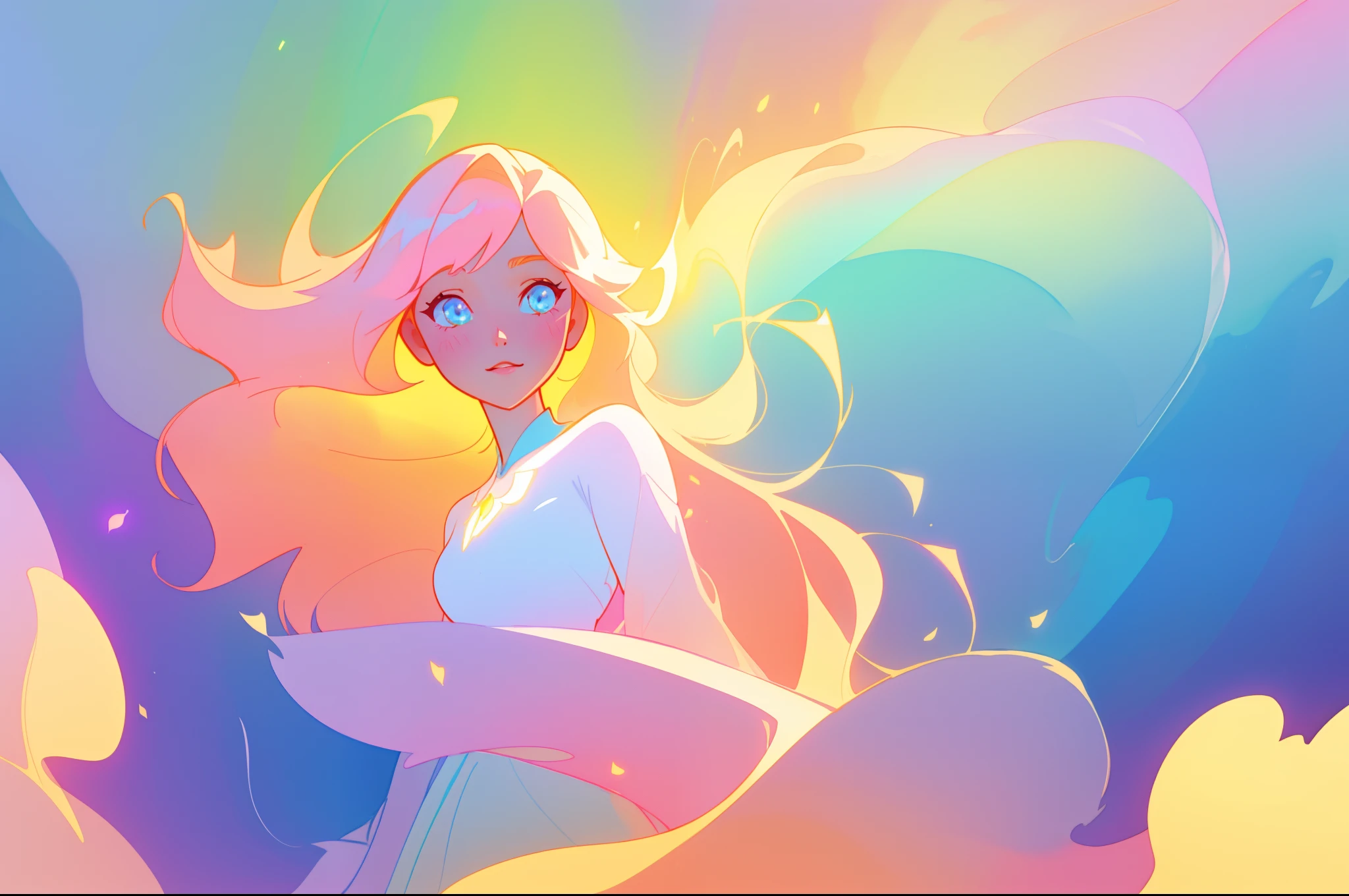 beautiful girl, flowing white dress, vibrant pastel colors, (colorful), magical lights, long flowing golden hair, inspired by Glen Keane, inspired by Lois van Baarle, disney art style, by Lois van Baarle, glowing aura around her, by Glen Keane, jen bartel, glowing lights! digital painting, flowing glowing hair, glowing flowing hair, beautiful digital illustration, fantasia background, whimsical, magical, fantasy, beautiful face, ((masterpiece, best quality)), intricate details, highly detailed, sharp focus, 8k resolution, sparkling detailed eyes, liquid watercolor