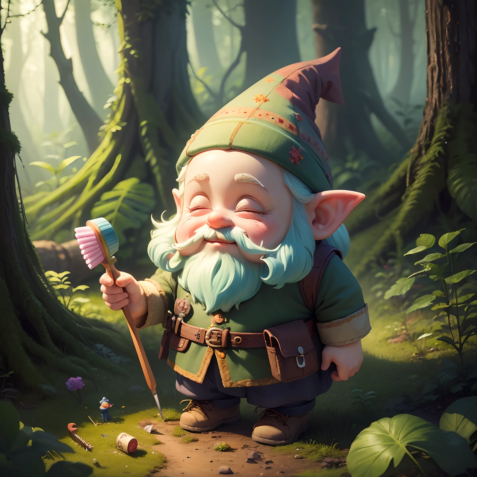 (best quality,highres,masterpiece:1.2),small detailed gnome holding a toothbrush,illustration,forest background,soft lighting,vibrant colors,magical atmosphere