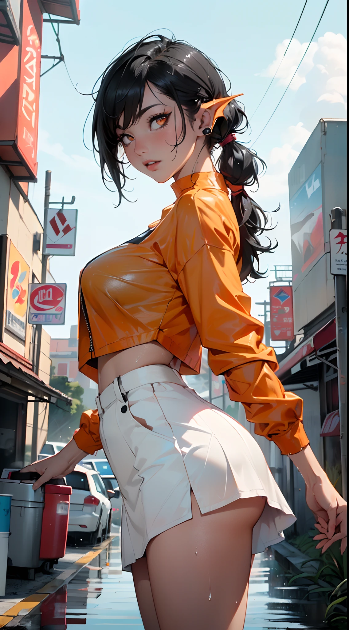 physical trainer girl,(((1girl))),
(large breasts:1.4),saggy breasts,(((ear fins:1.5))),(glowing eyes),(((orange_eyes:1.2))),(((black sclera:1.5))),symmetrical eyes,((fat)),(((lustrous skin:1.5,bright skin: 1.5,skin tanned,shiny skin,very shiny skin,shiny body,plastic glitter skin,exaggerated shiny skin,illuminated skin, wet legs))),(spider lower abdomen,narrow waist,wide hip,athletic body,inflated legs,detailed body,(detailed face)),((twin tail hairstyle, black hair,turquoise highlights hair)),
cute,slutty,seductive,erotic,((nsfw)),
((physical trainer suit)), orange headwear, ((orange skirt, black shirt, white panties)), ((Skirt Lift Front, (skirtliftfront))),((wet clothes,intricate outfit,intricate clothes)),
(dynamic pose:1.0),embarrassed,(centered,scale to fit dimensions,Rule of thirds),
cyberpunk city by the ocean at night, with bright neon signs and dark stormy clouds and puddles, scenery:1.25,
artistic photography,(photography taken by sldr),highres, sharp focus, (ultra detailed, extremely detailed), (photorealistic artwork:1.37),(extremely detailed CG unity 8k wallpaper),((synthwave background theme)),(((vibrant colors))),(intricate background),(masterpiece),(best quality),