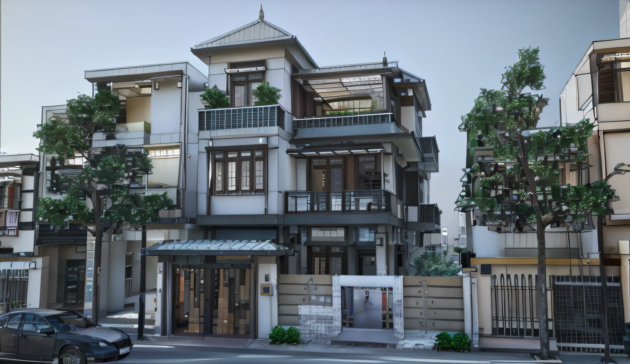 arafed rendering of a building with a lot of windows and balconies, exterior design, residential design, architectural rendering, tibetan inspired architecture, architectural render, architectural concept, residential, overall architectural design, perspective view, architectural concepts, lumion rendering, lumion render, architectural 3 d render, highly detailed illustration, architectural visualization, architectural visualisation, detailed rendering