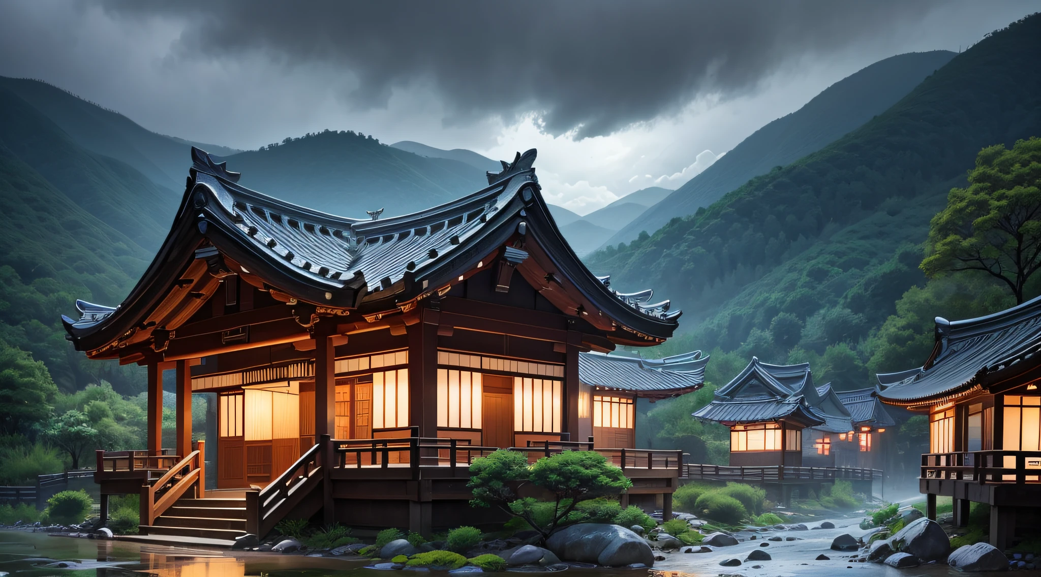 Nature in Korea, Small valley, Traditional Hanok, rainy night, Moonlight through the clouds