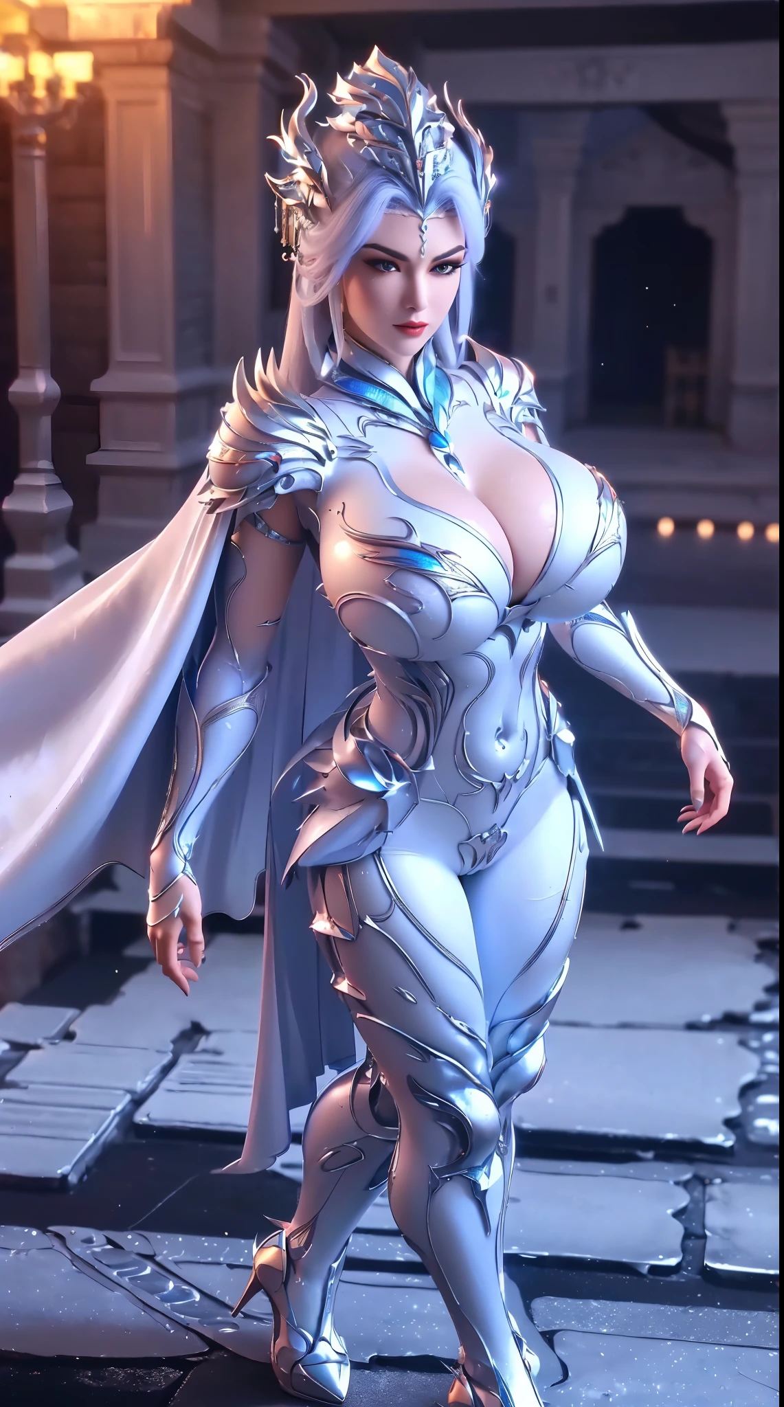 (DRAGON QUEEN HELM), (HUGE FAKE BOOBS:1.2), (WHITE, BLUE, GOLD), (IVE CITY BACKGROUND), (FUTURISTIC ICE PHOENIX MECHA BODYSUIT, ROYAL CAPE:1.3), (CLEAVAGE), (SKINTIGHT YOGA PANTS, HIGH HEELS:1.2), (PERFECT BODY, (FULL BODY VIEW:1.2), (LOOKING AT VIEWER), (WALKING:1), SEXY MUSCULAR BODY, MUSCLE ABS, UHD, 8K, 1080P.