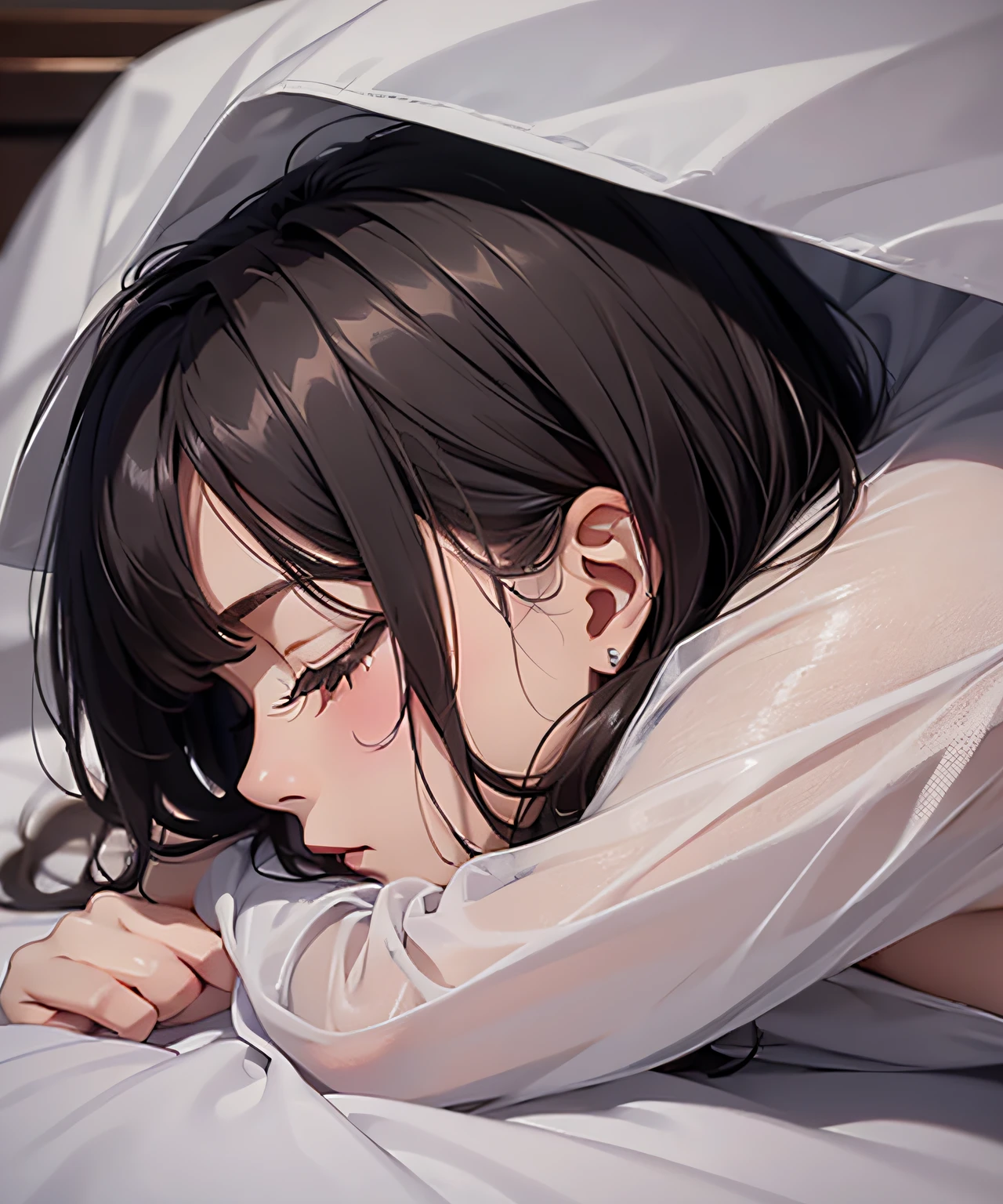 A masterpie、Realstic、best qulaity、Beautiful girl crawling into bed naked、Sleeping wrapped in sheets with profile facing the viewer、Style is clearly visible from the sheets、close her eyes