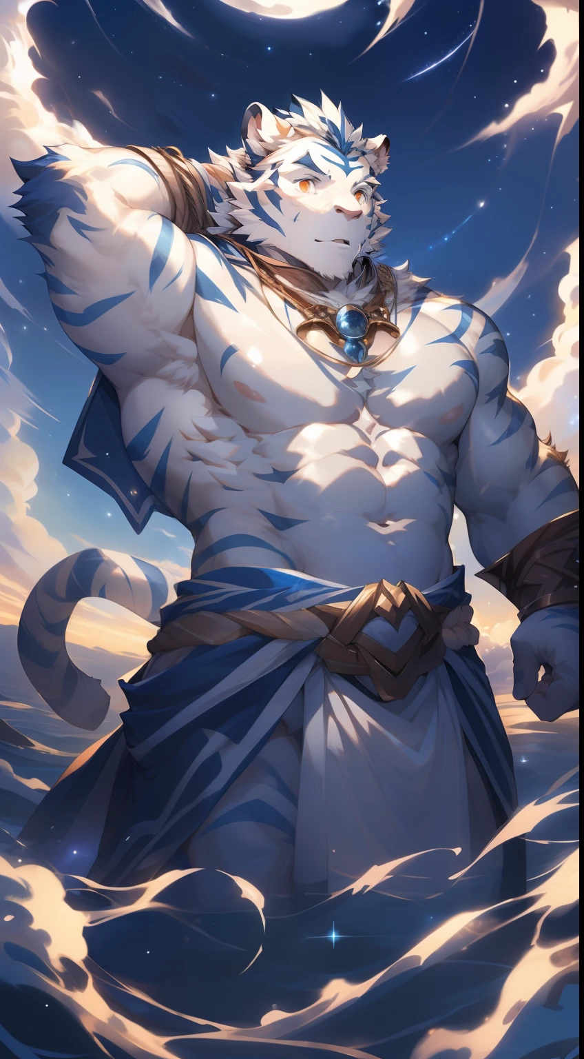 (by null-ghost, by thebigslick, By Darkgem, by Honovy), Kogenta (Onmyoji Oyamaji Temple), high-definition photograph, Perfect anatomy, Anthropomorphic white tiger, male people, 20yr old, Deities, Thick eyebrows, Light blue stripes, Strong body, large pecs, Pink milk clusters, medium bulge, He floats in the starry sky, wearing long white togas, A flowing blue ribbon, Starlight surrounded him, one arm raised, Summon the clouds，(sky at night:1.5), Mysterious Expression, Be red in the face, Golden pupils, Look up at the sky, Clear facial features, Strong, Solo, top views, fog atmosphere, Clouds，upper sky