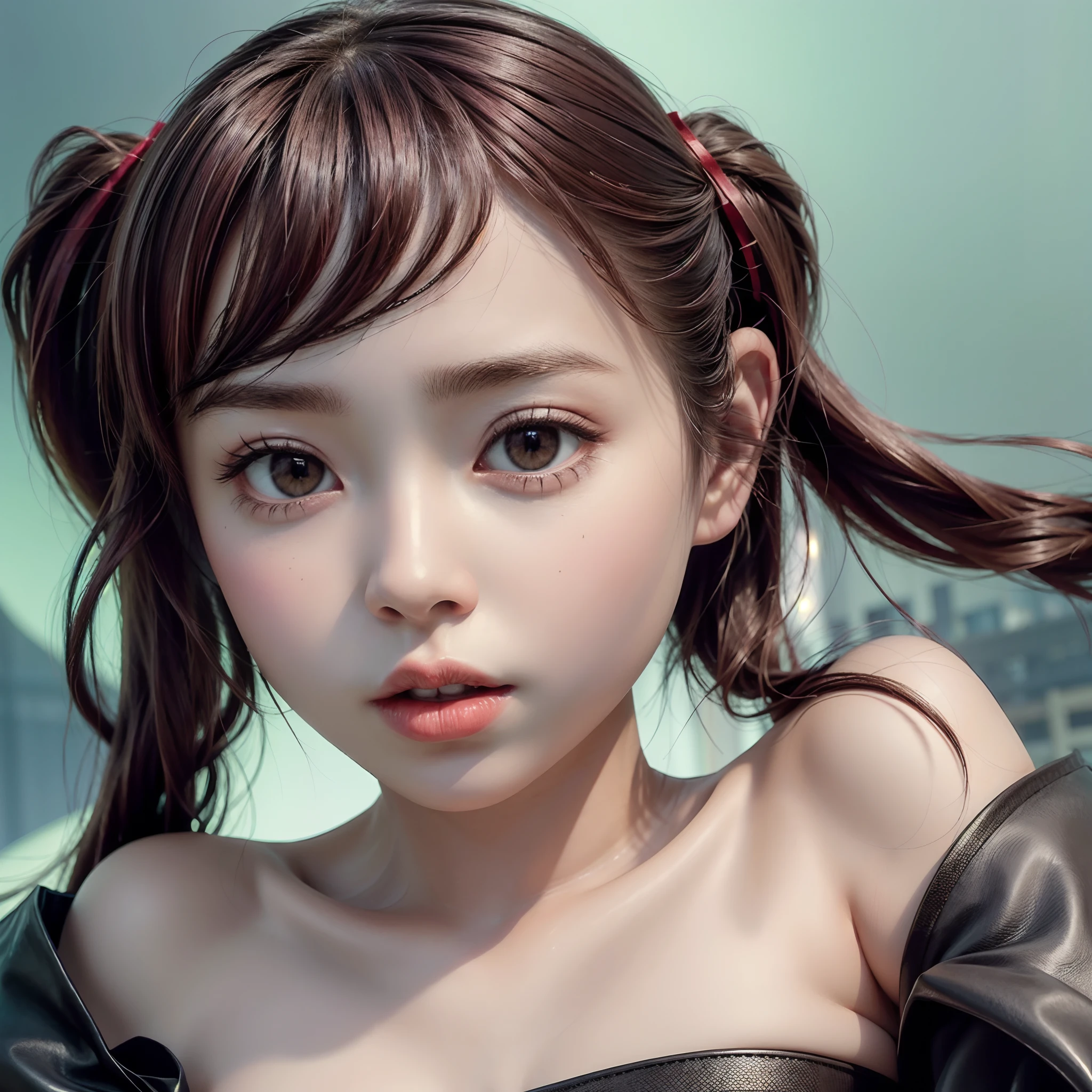 SFW, (Artistic Portrait:1.37), (Masterpiece:1.2, photorealistic:1.37), Brilliant Eyes with beautiful details、Lips with beautiful details、Very detailed face and eyes、has long eyelashes, {(Deep Red leather high collar|Hair Ribbons|Variety of hair colors)}, {exposed shoulder|(No Underwear:1.37)| ((Grabbed breasts))}, {Childish|Gigantic Cleavage|Vivid colors}, (Dense city background), {High-end CGI effects|Realistic high-resolution photorealistic| Sharp focus| Professional camera work},( Glow light effect), ((closeup)), face focus,