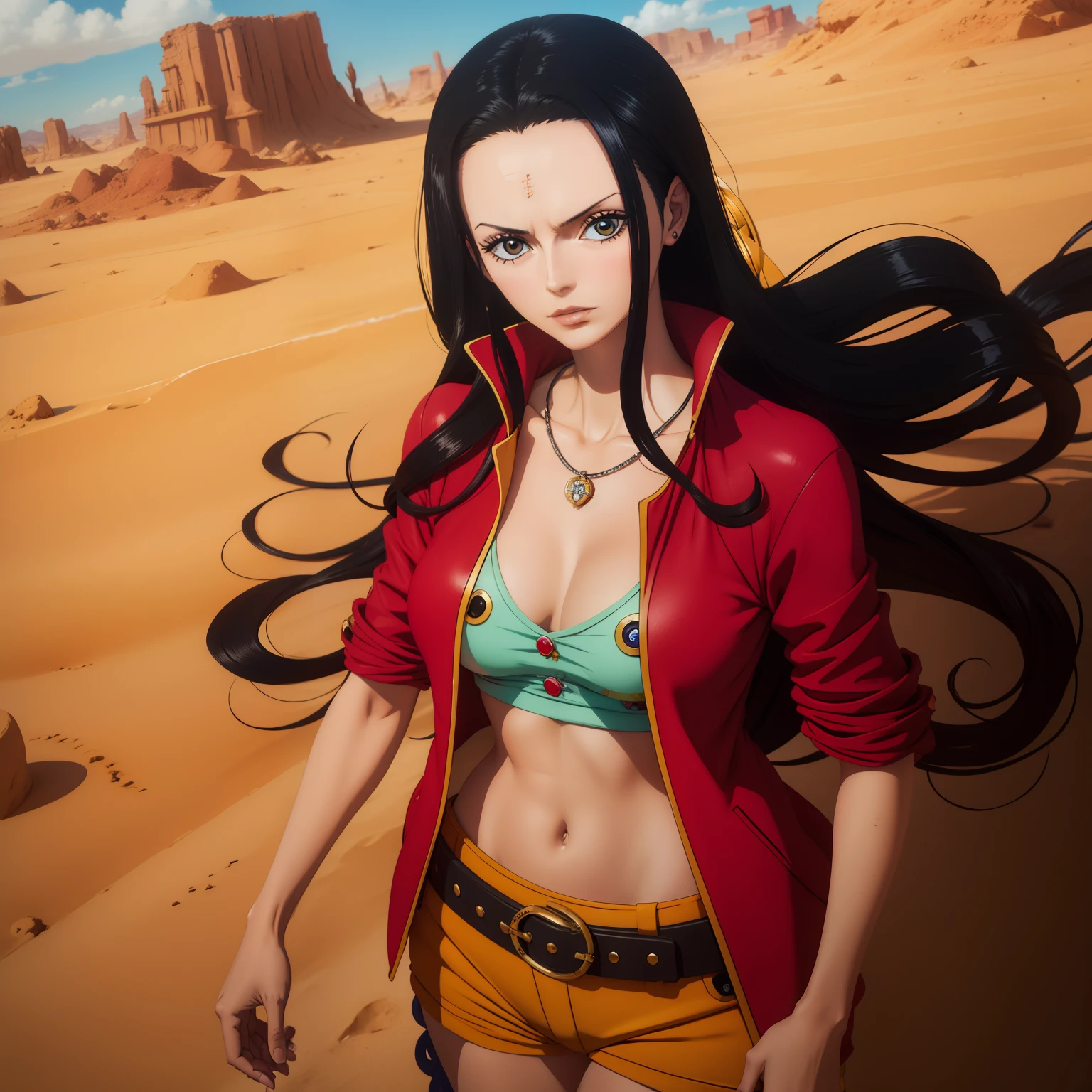 Arte do local, arte chave, melhor qualidade, obra prima, u detalhada, from one piece, Estilo One Piece, Arte do local, arte chave, melhor qualidade, em um deserto, com roupas curtas e finas coloridas, uma mulher de cabelos pretos compridos, guerra, lutando, sangue no corpo, nico robin