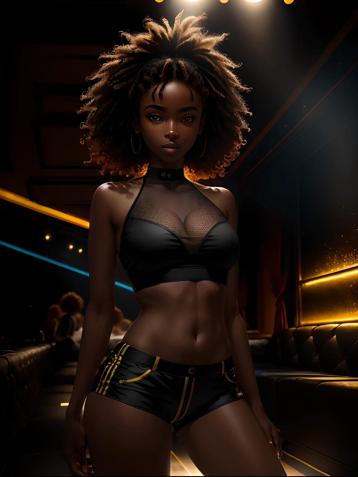 ((Dark African skin, Very deep ebony skin)), ((Its beauty is undeniable)), ((Excited cute face)), ((Hyper detailed perfect eyes,)), ((Pose mignonne)), ((Langue sortie)), ((Seductive )), sexy, (( Tight mesh shirt, shorts courts sexy)), ((African long curly hair afro ponytail,)), (( peau)), ((debout, Vue de face)), ((toucher ses propres jambes dans une pose sexy)), ((in a nightclub)), Sharp Focus CGI, photoreallistic, High detail, Realstic, Masterpiece, absurdes, Best quality, Hdr, High quality, high-definition, Extremely detailed, 8k wallpaper, Intricate details, 8K UHD, Full-HD, (photo realist:1.2), contraste, intense illumination, lighting cinematic, natural lighting, hard light, contre-jour, Illumination globale, occlusion