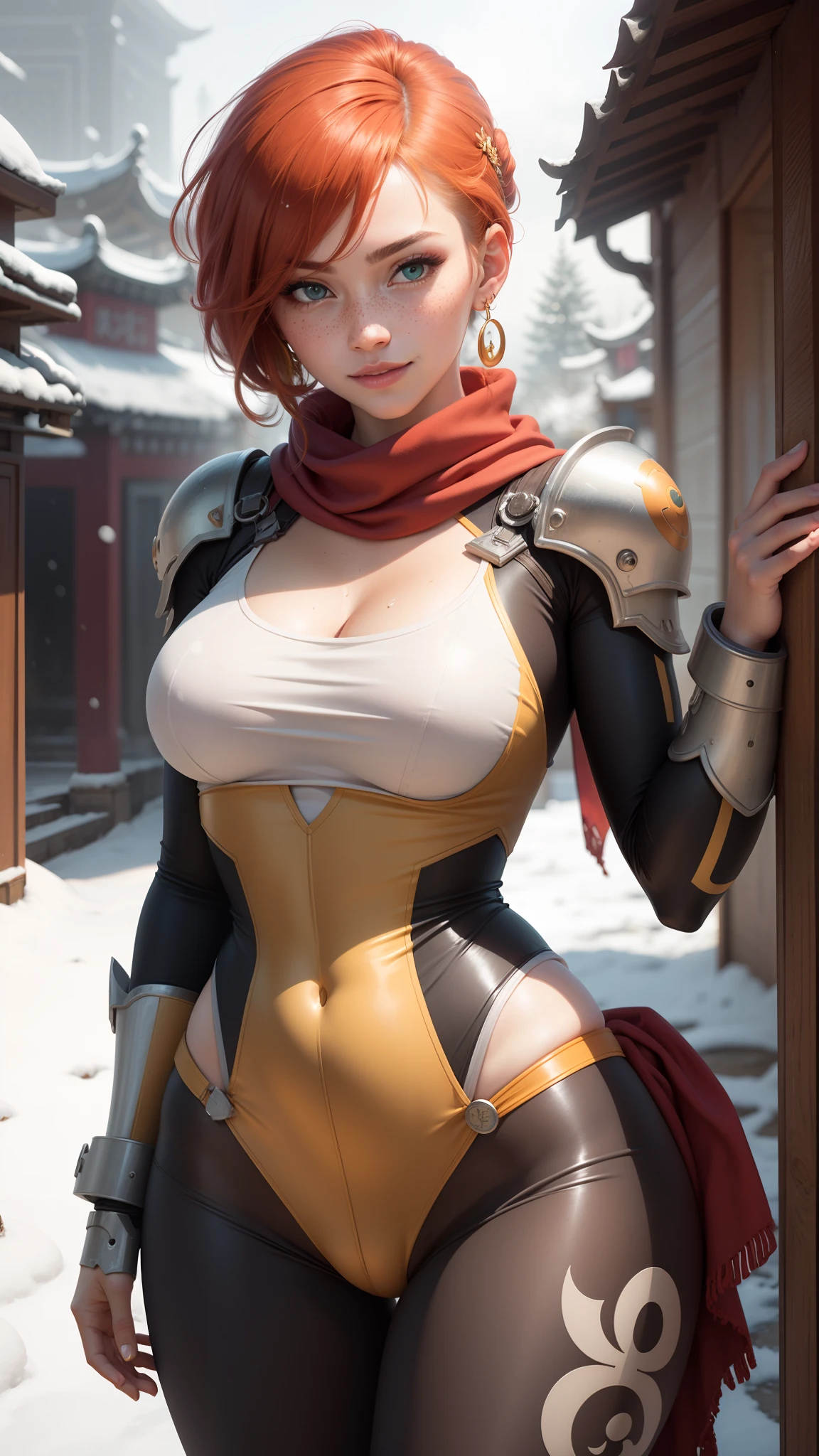 gwen tennyson,tracer,chun-li,rebecca chambers,overwatch,gundam,1girl,close up,mecha pilot,chinese garden,orange and rose plugsuit,chinese dress,pirate corset,white long sleeve lycra top,silver leggings,short hair,cute makeup,green eyes,orange and gold hair,shy smile,hair pin, freckles,redhead,beautiful girl,large breasts,ultra detailed,realistic,fantasy art,steel armor,snow scarf,chinese armor,earrings,wet shirt,