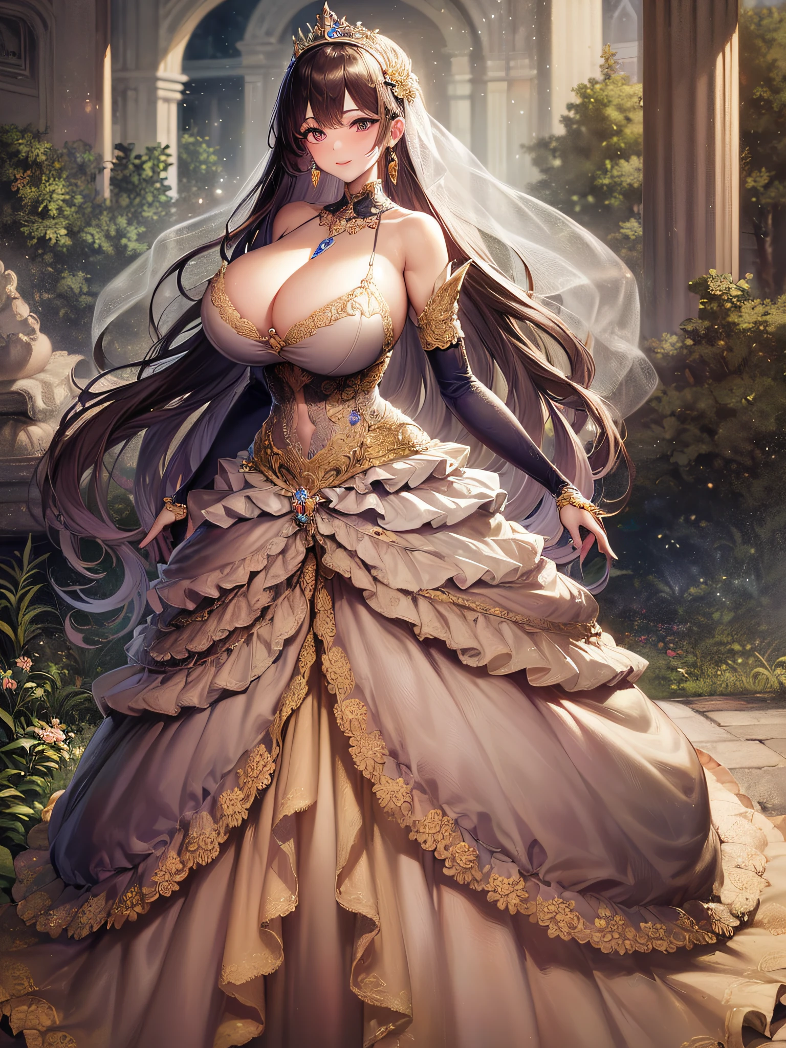 ((anime artstyle)),(Masterpiece),(Best Quality), (Super Detail),(Highly Detailed CG Unity 8k wallpaper),((Very Delicate and Beautiful)),cinematic lighting,1 girl,((full body portrait)),((standing in garden)),((solo)),(((1 fairytale princess in gorgeous embroidery and jeweled extremely gorgeous rococo princess ballgown with voluminous full length hoop skirt))),an hourglass waist,padded and corseted bodice,(((huge crinoline hoopskirt))),long train,((gorgeous embroidery and jeweled)),voluminous frills,See-through,(((extremely gigantic tits,skindentation))),cleavage,((absurdly Long Straight Hair,extremely voluminous Straight long Hair,absurdly Long Straight Hair)),(finely detailed face and eyes),(Blush,Smile),clear pupil,extremely gorgeousfull hair ornament,(bling-bling jeweled extremely gorgeousfull tiara),((bling-bling gorgeous gemstone jewelry)),gorgeous long veil,((ultra long gloves)),(beautiful background),(full body),((gorgeous embroidery and jeweled extremely gorgeous rococo princess ballgown with voluminous full length hoop skirt))