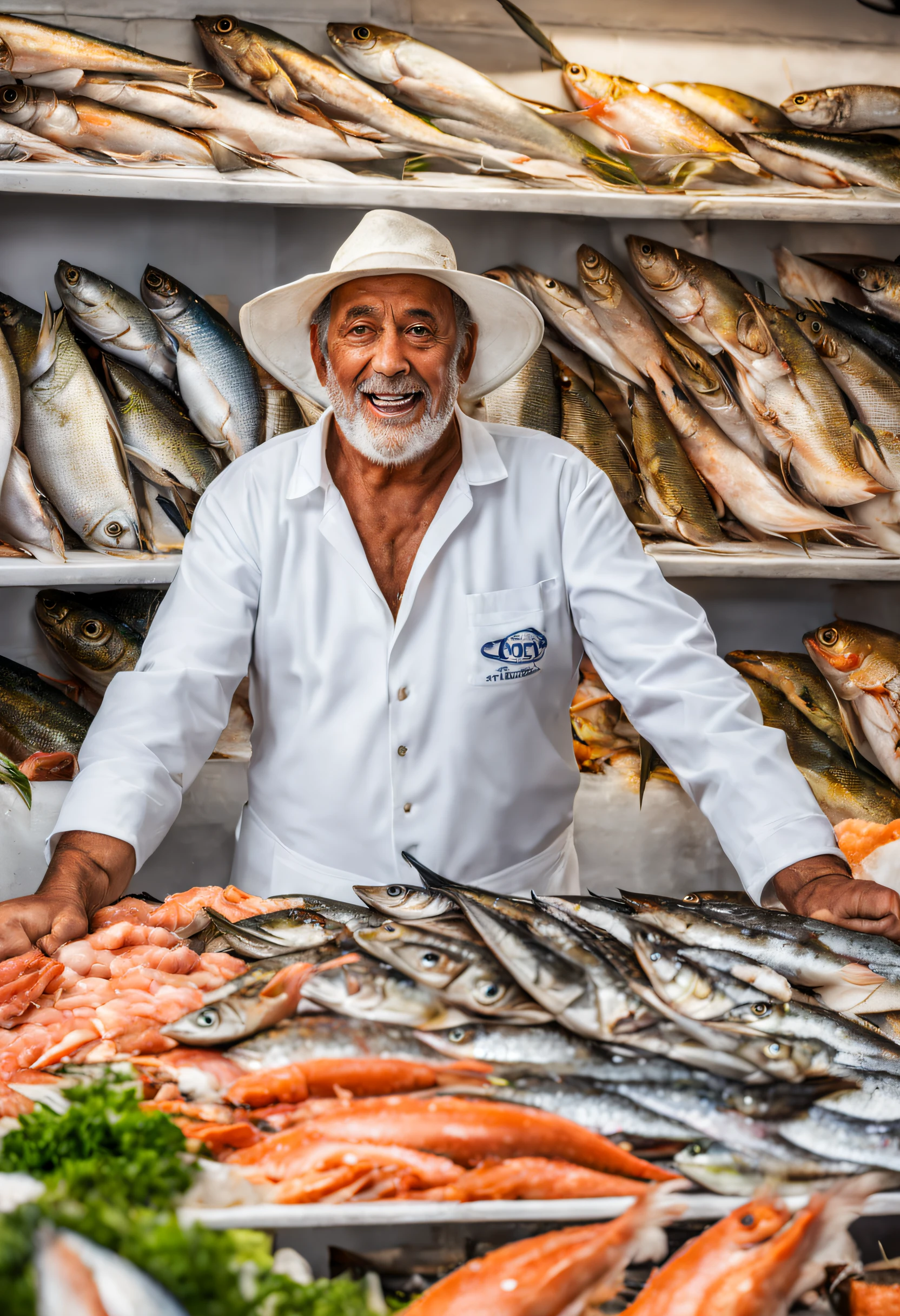 (best quality,4k,8k,Alto,master part:1.2),Realistic,Fishmonger standing in front of your shop,peixes bem detalhados,criaturas marinhas estrategicamente exibidas,escamas de peixe espumante,Glowing seawater droplets,Anatomia detalhada dos peixes,Hands covered in scales and slime,Mercado de peixe tradicional,Captura do dia,avental de pescador branco crocante,Banca de Mercado bem iluminada,Colorful display of fresh seafood,Aromas sedutores do mar,Traditional fisherman's hat,destacado pela luz natural do sol,Quick offers with enthusiastic customers,Authentic fishmonger experience