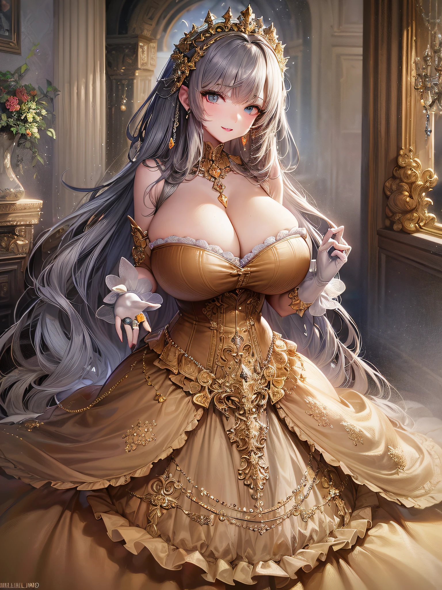 ((anime artstyle)),(Masterpiece),(Best Quality), (Super Detail),(Highly Detailed CG Unity 8k wallpaper),((Very Delicate and Beautiful)),cinematic lighting,1 girl,((full body portrait)),((standing in garden)),((solo)),(((1 fairytale princess in gorgeous embroidery and jeweled extremely gorgeous rococo princess ballgown with voluminous full length hoop skirt))),an hourglass waist,padded and corseted bodice,(((huge crinoline hoopskirt))),long train,((gorgeous embroidery and jeweled)),voluminous frills,See-through,(((extremely gigantic tits,skindentation))),cleavage,((absurdly Long Straight Hair,extremely voluminous Straight long Hair,absurdly Long Straight Hair)),(finely detailed face and eyes),(Blush,Smile),clear pupil,extremely gorgeousfull hair ornament,(bling-bling jeweled extremely gorgeousfull tiara),((bling-bling gorgeous gemstone jewelry)),gorgeous long veil,((ultra long gloves)),(beautiful background),(full body),((gorgeous embroidery and jeweled extremely gorgeous rococo princess ballgown with voluminous full length hoop skirt))