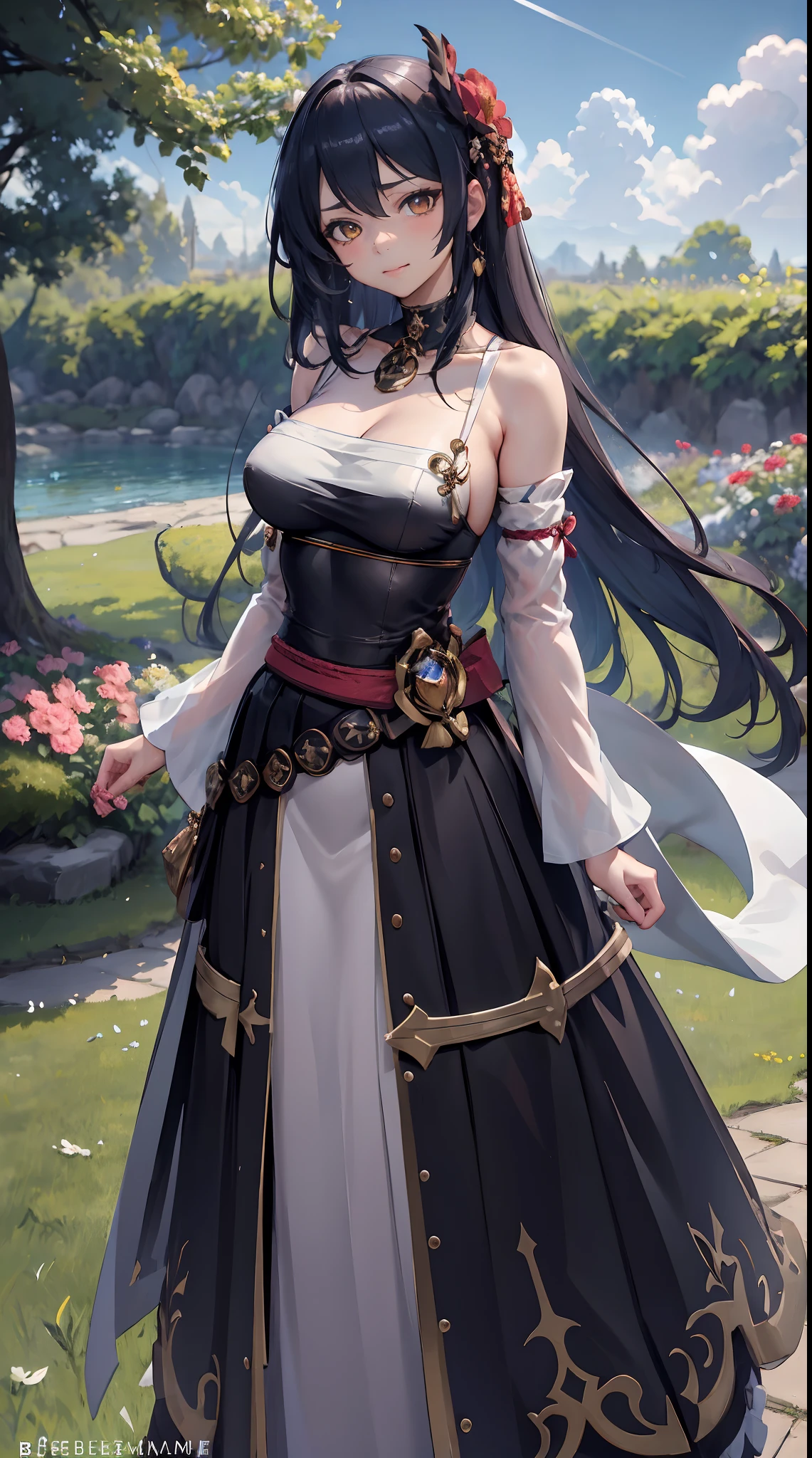 Kujou Sara| genshin impact, master-piece, bestquality, 1girls,25 years old, proportional body, proportional., Wedding Dresses, White Wedding Dress, Long skirt, mediuml breasts, ,bara, choker, Standing in the middle of a flower garden, outdoor, The sky is beautiful, arm behind back, View viewers from the front., Thigh strap, Head tilt, bored, HD, slight smile,