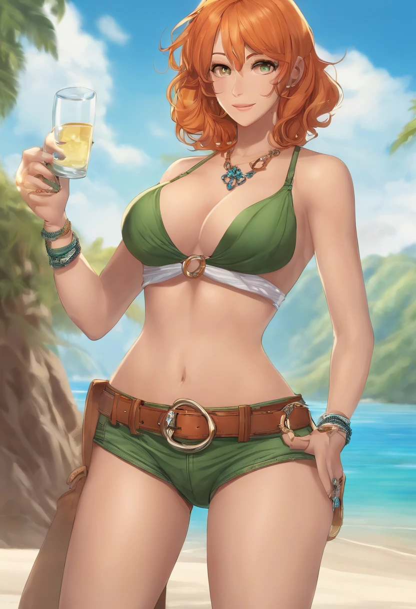 detailed background, masterpiece, best quality, 1girl, solo, nami \(one piece\), 1girl, bangle, bangs, bare shoulders, belt, bikini, bikini top only, blue sky, bracelet, breasts, brown eyes, bubbles, cleavage, clouds, cowboy shot, sun, denim, earrings, floating hair, green belt, green bikini, crotch, jeans, jewelry, big tits, log pose , long hair, looking viewer, navel, orange hair, pants, shoulder tattoo, side lock, sky, smile, solo, standing, belly, swimsuit, tattoo, looking viewer