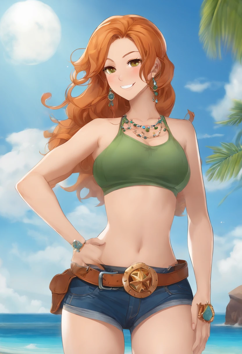 detailed background, masterpiece, best quality, 1girl, solo, nami \(one piece\), 1girl, bangle, bangs, bare shoulders, belt, bikini, bikini top only, blue sky, bracelet, breasts, brown eyes, bubbles, cleavage, clouds, cowboy shot, sun, denim, earrings, floating hair, green belt, green bikini, crotch, jeans, jewelry, big tits, log pose , long hair, looking viewer, navel, orange hair, pants, shoulder tattoo, side lock, sky, smile, solo, standing, belly, swimsuit, tattoo, looking viewer