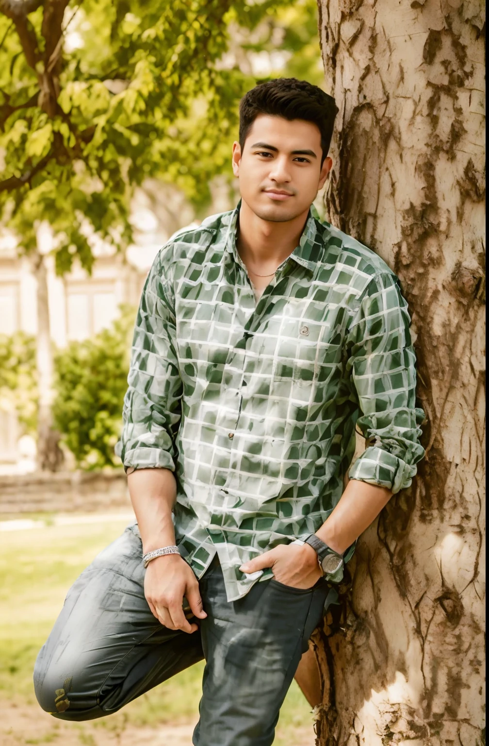 arafed man leaning against a tree in a park, mohamed chahin, full body photogenic shot, with trees, khyzyl saleem, modeling shoot, in sunny weather, andres rios, vastayan, handsome man, pr shoot, green shirt, beautiful man, inspired by Rajesh Soni, photo shoot, inspired by Kailash Chandra Meher, kyza saleem