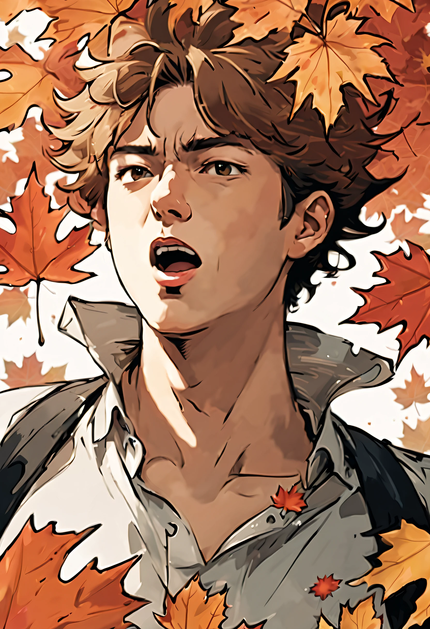((screaming a kind man:1.3)), slender face, (messy hair:1.4), (mixture of anger and sadness expression:1.2), (scatter maple leaves background intricate detail:1.5), (momentum atmosphere:1.1), look up, kneel down, dynamic angle, from below,