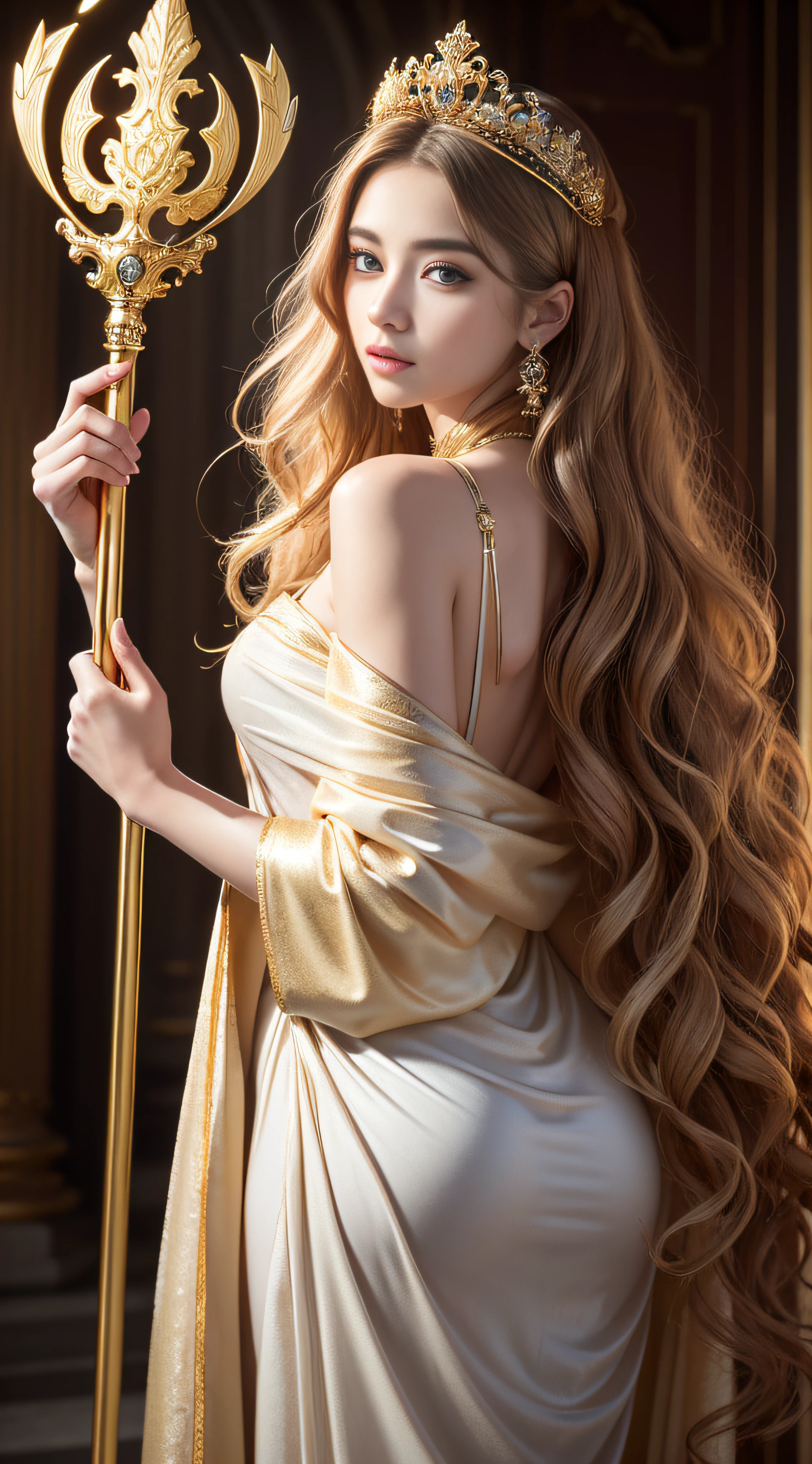 Absurd, ultra-detailed, high quality, masterpiece, detailed face, beautiful eyes(detailed eyes), Greek mythology, Goddess, Hera , the queen of the gods, striking and captivating, features are classically beautiful, with high cheekbones, a perfectly proportioned face, eyes depicted as large and captivating, hold an intense gaze, golden hair , Gole hair is luxuriant and flowing, cascading down her back in waves , wearing elegant robes adorned with intricate patterns , Her beauty is not merely superficial but embodies the essence of power, authority, and regality., low angle, holding a golden scepter on one hand, slim Abs, warm strong silhouette lighting, volumetric lighting,