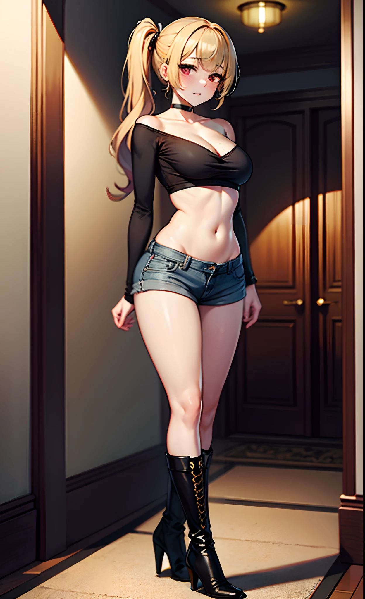 A very high-detailed illustration of a beautiful anime girl [blonde one side ponytail, freckles, beautiful red eyes, freckles, choker, lustful expression, cocky expression , collarbone, large breasts, small waist, wide hips, juicy thighs], solo, wearing a shirt [ strapless ,white shirt, cleavage, naked waist, no sleeves],no bra, wearing shorts [sexy shorts, black shorts, very revealing shorts, black jean shorts], wearing high heel boots [ black boots, high heel boots, boots up to her knee], in the hall of a high class hotel, facing the camera, posing standing, sexy posing, 8k, best quality, highres, masterpiece, full body picture, high detailed, high resolution