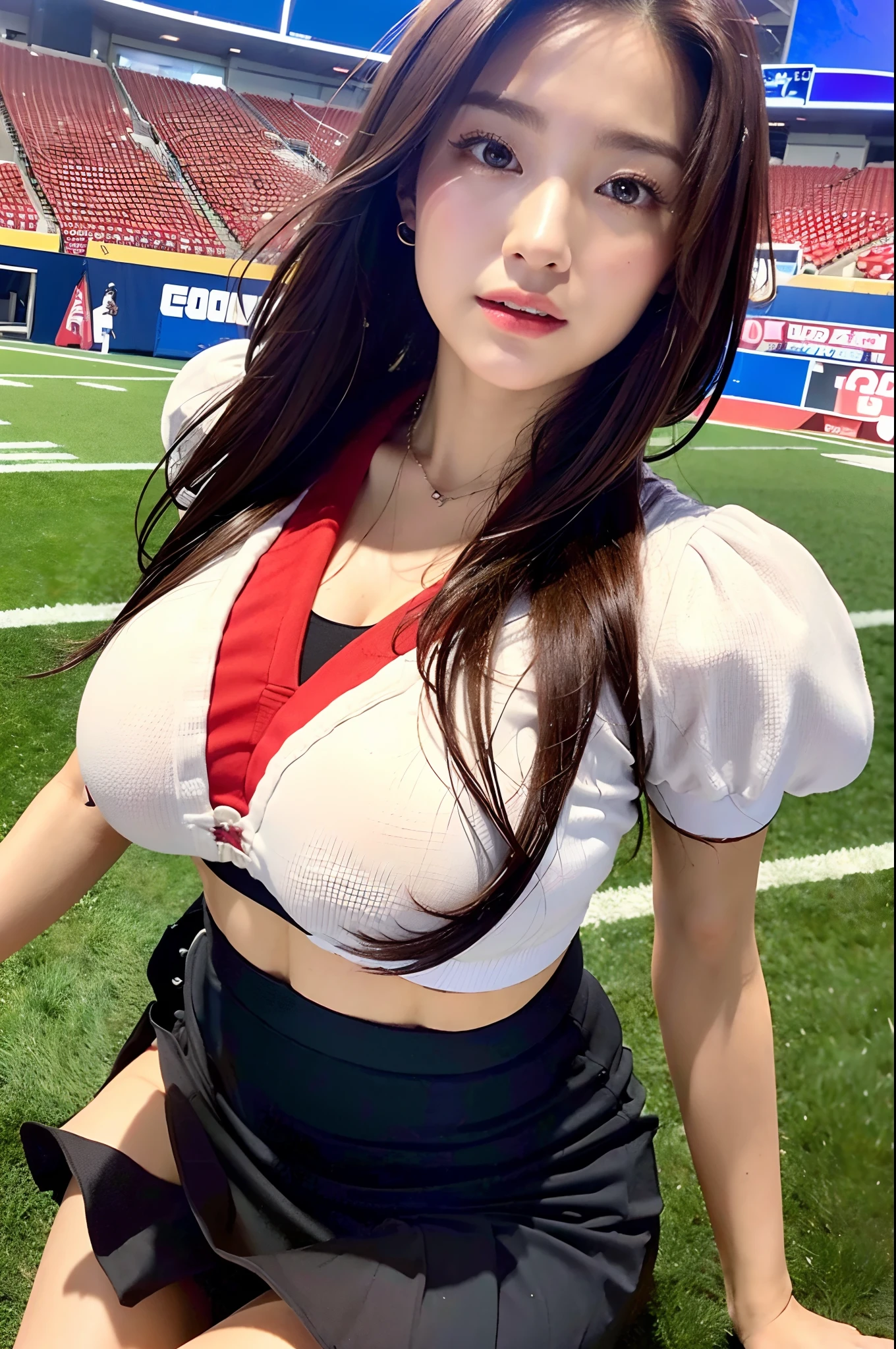 Tabletop、highest quality、Very detailed、High resolution、8k wallpaper、Perfect dynamic composition,、Fine and beautiful eyes、(Volleyball Uniforms:1.3)、Dark brown wavy hair、short hair、(Beautiful big boobs:1.3)、Natural color lip、Bold sexy pose、Cute Smile、20-year-old girl、sexy shot looking at camera、Gym、Volleyball court、((Spread your legs wide:1.45))、((Boyfriend and girlfriend having sex in missionary position:1.5))、((Sexual pose:1.5))、((POV:1.5))、((Half breast exposed:1.5))、