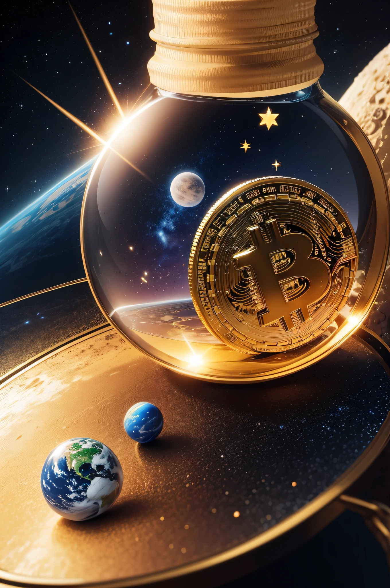 satelistes orbitando a terra, com bitcoin e estrelas , 1 astronauta no meio da gravidade, muito realista