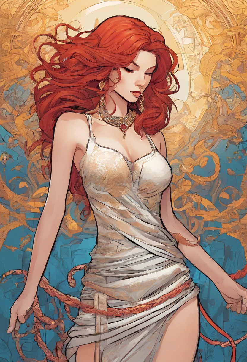Red haired woman with ideal body wearing a harem style dress made of metal links
