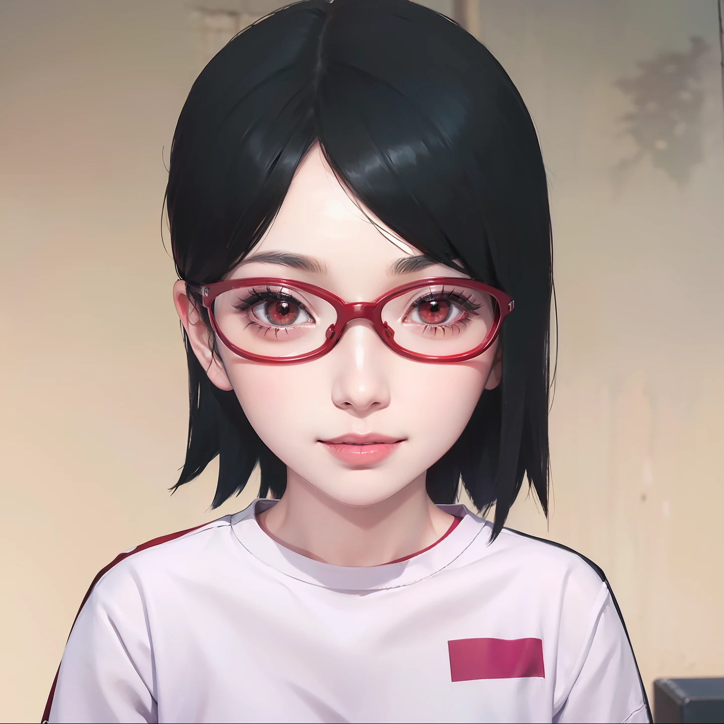 1girl, sarada uchiha in anime boruto, short hair, black hair, red eyes, smile, beautiful, sexy dress, sexy clothes, red clothes, wear red glasses, very big breast, realistic clothes, detail clothes, outdoor background, ultra detail, realistic