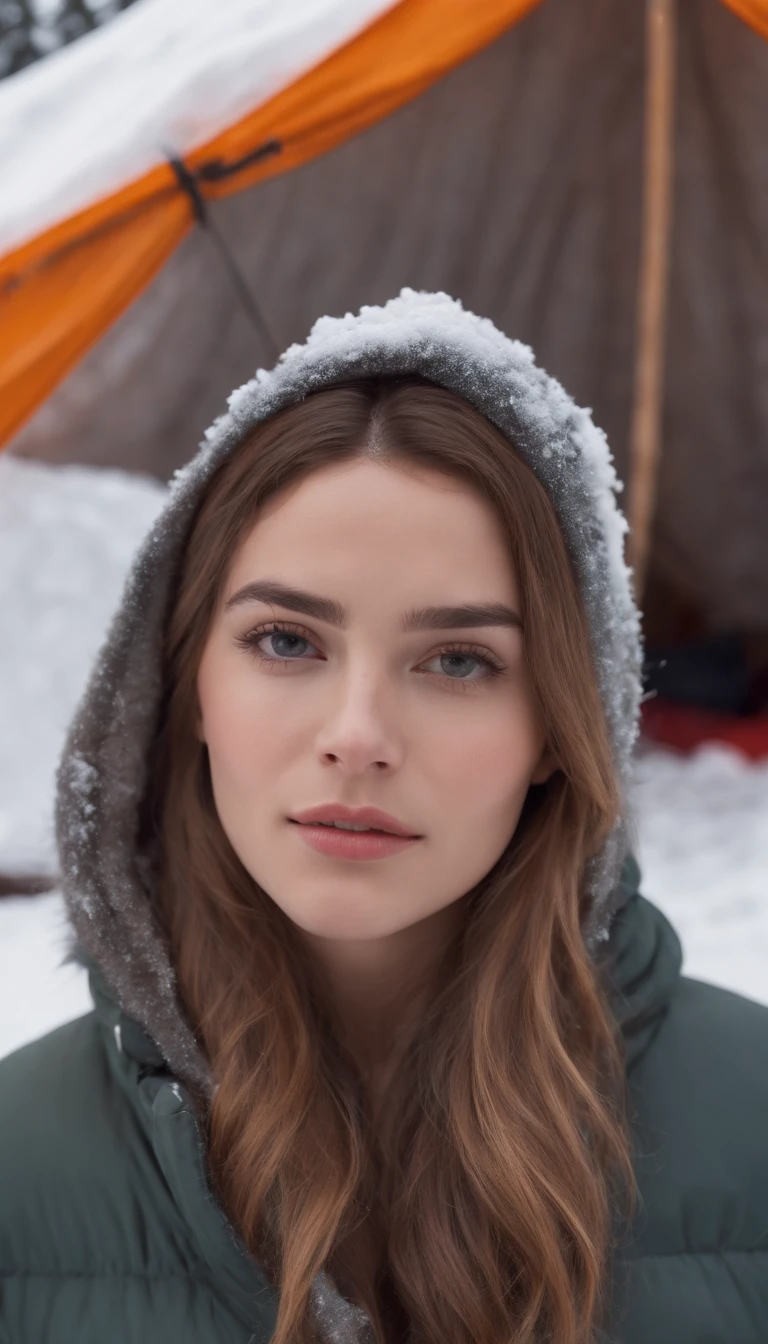 25 year old woman on an icy mountain full of snow near a tent, her face is almost freezing and snow is on her glass, ultra realistic photo, she is looking at the camera.