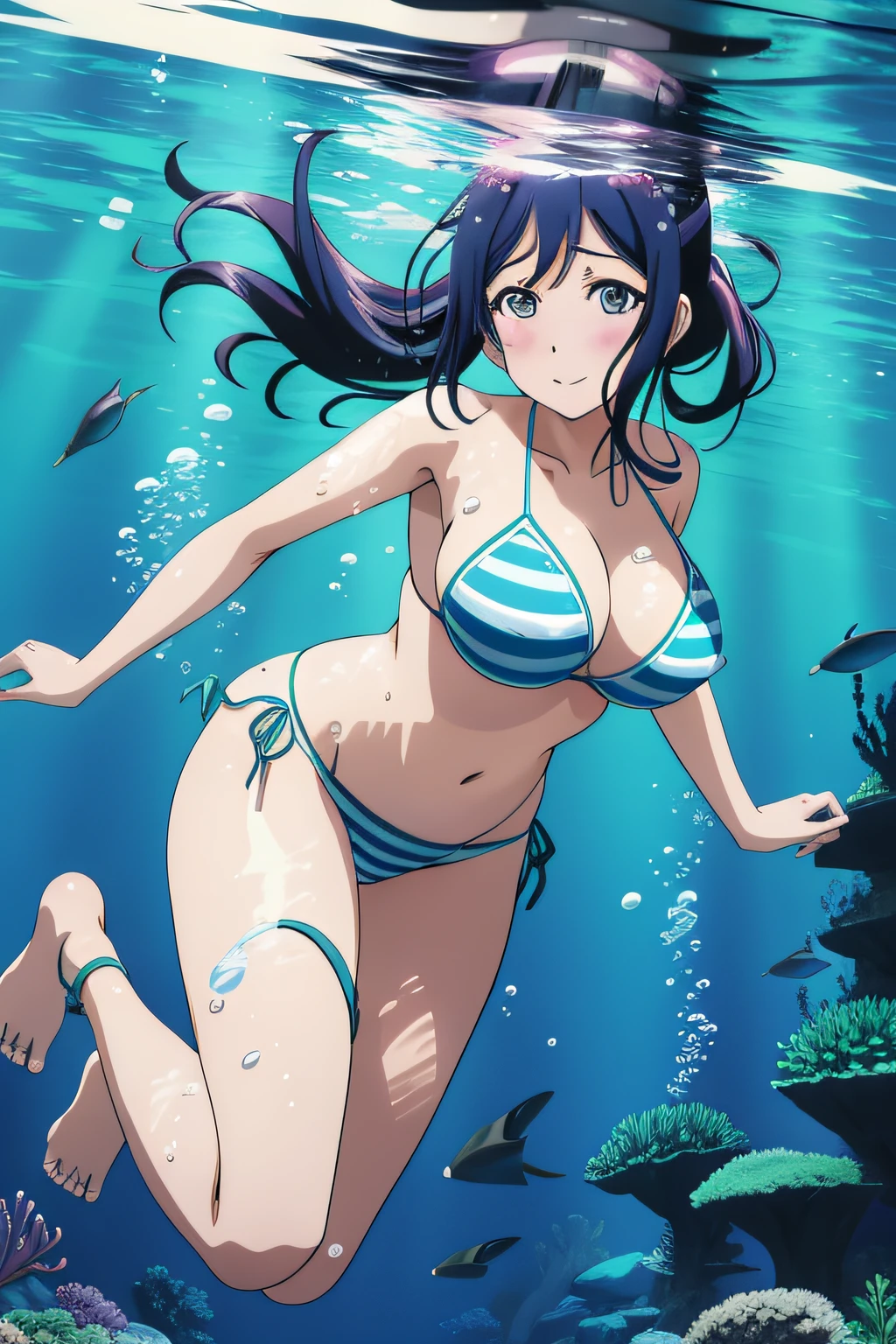 matsuura kanan, anime girl in a bikini with , seductive anime girl, ecchi anime style, underwater, ecchi, striped bikini, diving under water,big breasts, dynamic pose, diving